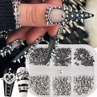 Goth Nail Charms 3D Mini Metal Punk Nail Art Rhinestones Black Silver Alloy Nail Rivets Mixed Sizes Y2k Nail Gems Flat Back Cone Spikes Nail Jewels for Women Nail Accessories DIY Crafts Decorations