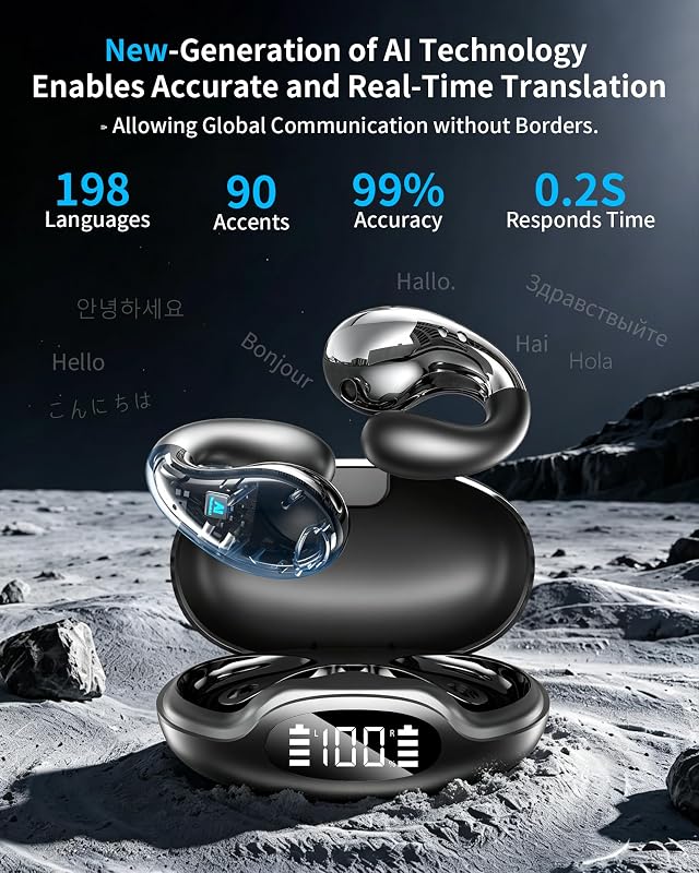 Ultra Open Ear Earbuds 2026 AI Translation Earbuds Real Time Clip on Earbuds Wireless Bluetooth Audifonos Traductores Inglés Español 50H Playtime Bone Conduction Headphones for Meeting Learning image 6