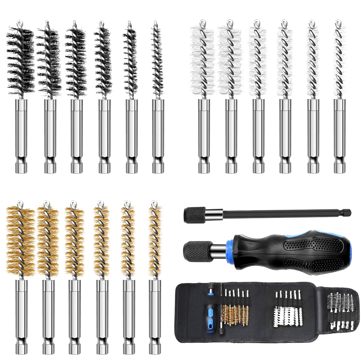 MAXAMN Wire Brush for Drill 18-Pack, Wire Brushes for Cleaning Rust Tube Automotive, Nylon, Brass, Stainless Steel Bristles Bore Brush with 1/4" Hex Shank and Tool Bag for Power Drill Impact Driver