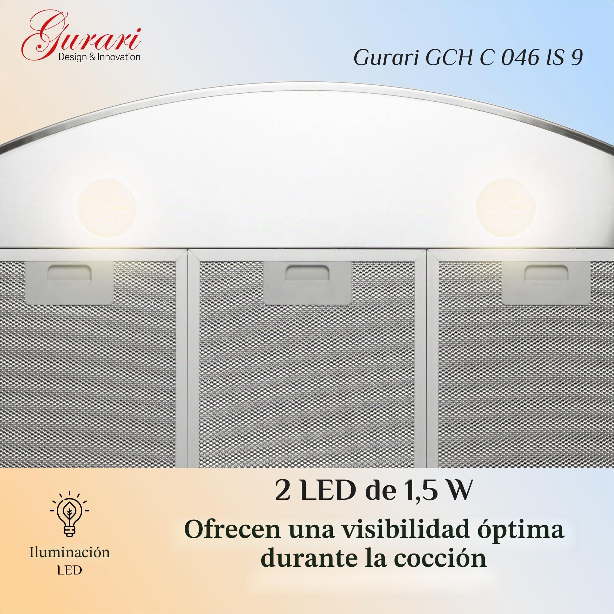 Gurari 046 IS Campana Extractora de Pared 90 cm • 1000 m³/h • Lujo • 3 Velocidades • LED • Acero Inoxidable • Recirculación Posible