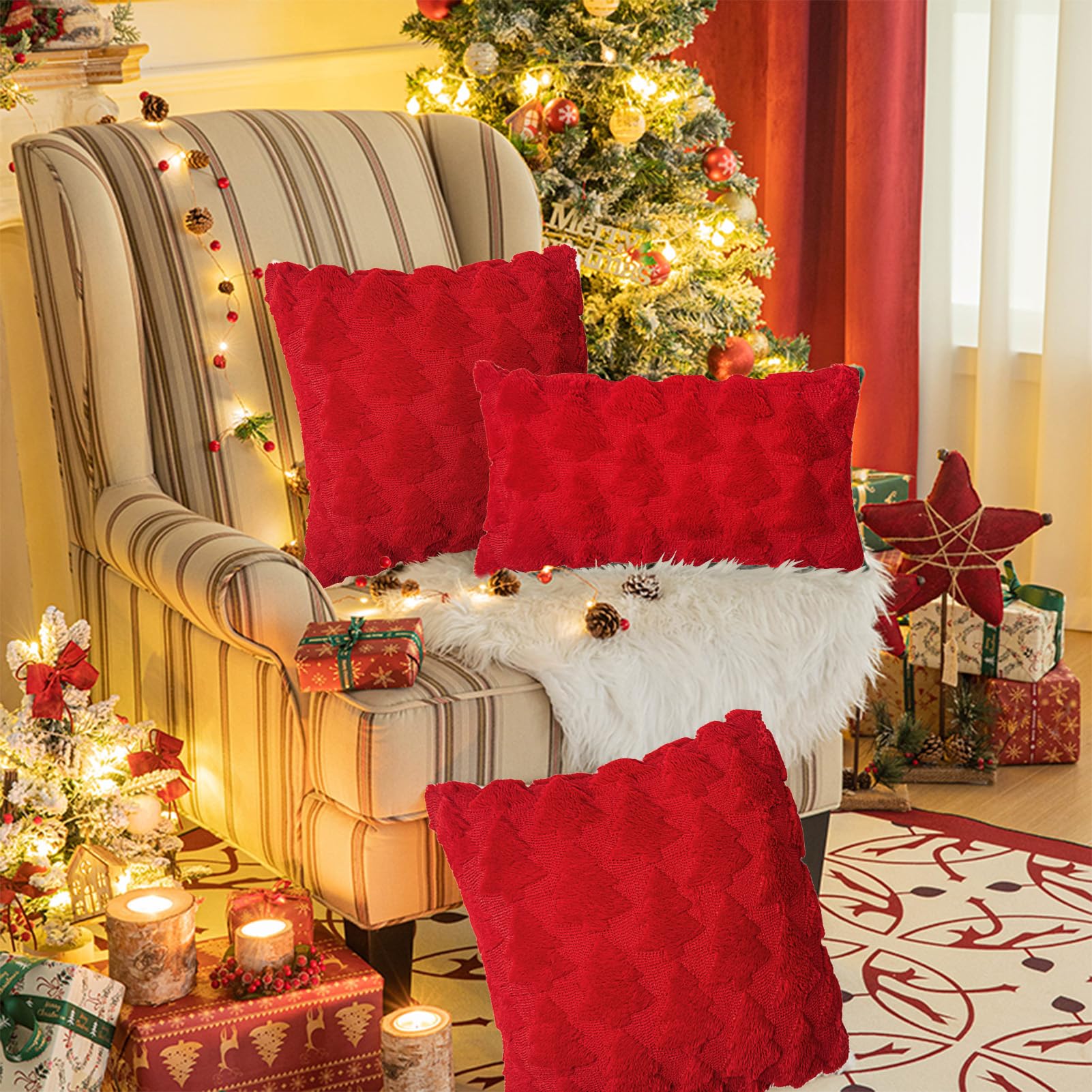 Federe per cuscini natalizie, decorazioni natalizie, federe quadrate per cuscini con alberi di Natale, confezione da 2, per divano, soggiorno, casa, rosso, 45 x 45 cm