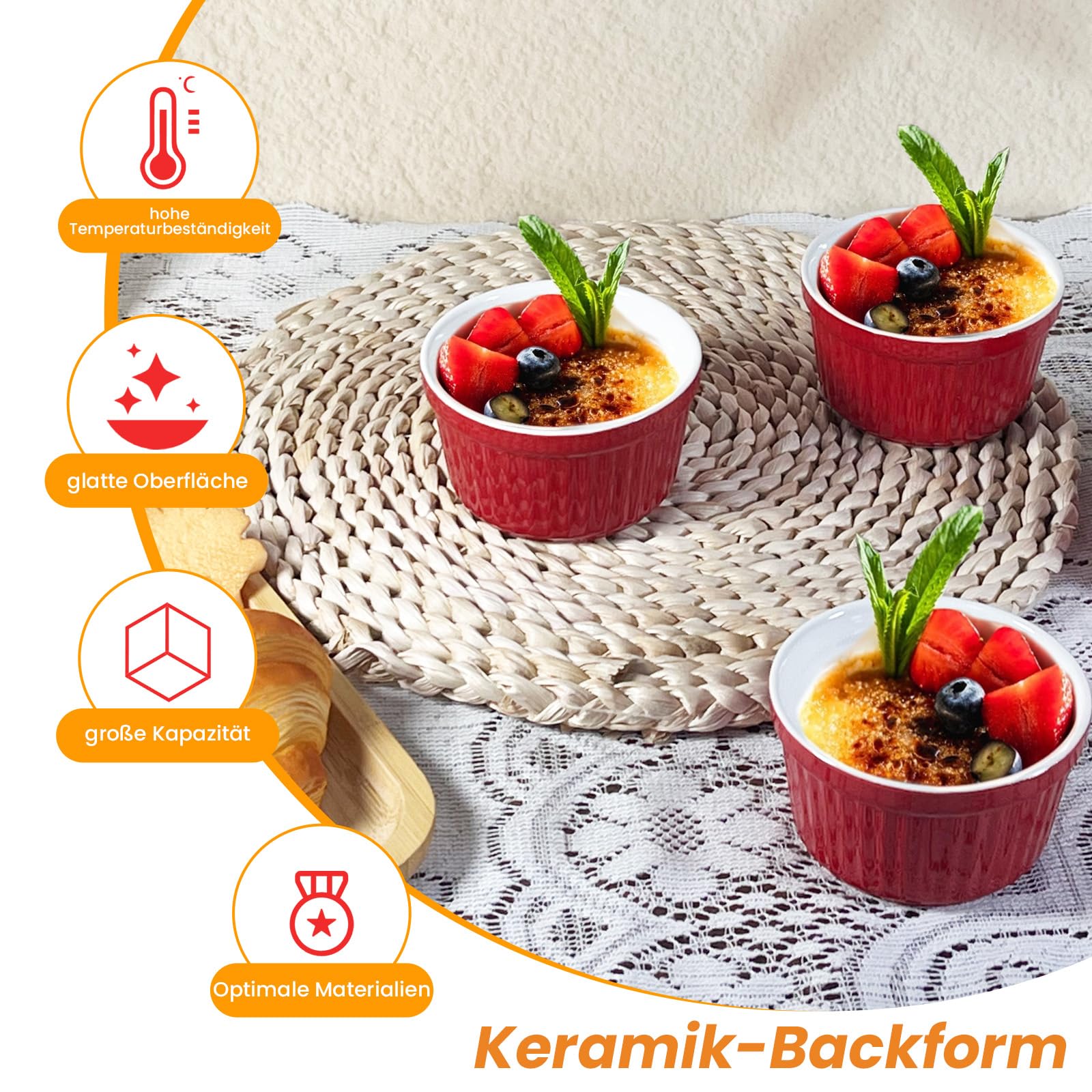 6 Creme Brulee Schälchen 200ml - Backofenfeste Keramik Förmchen Rot