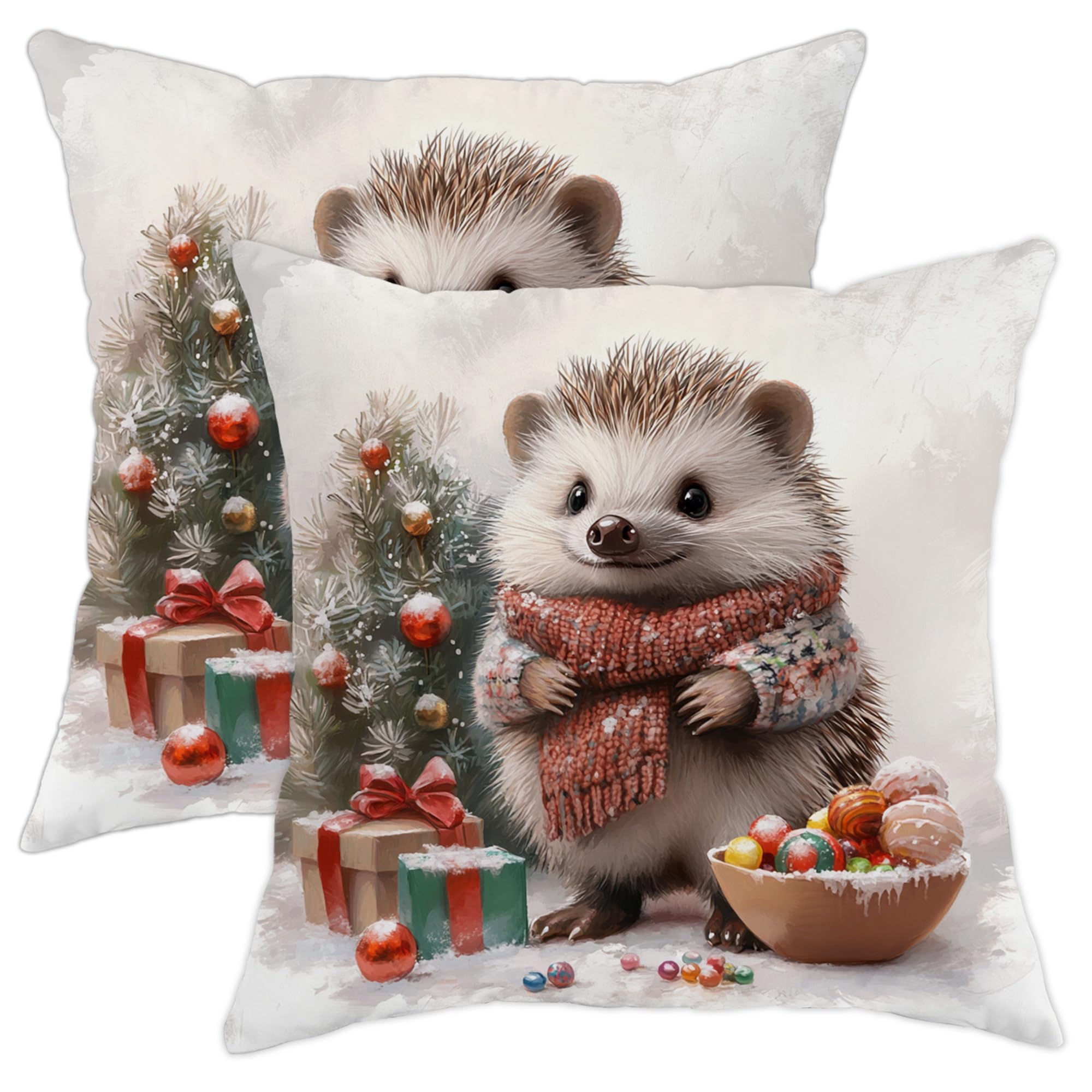 Christmas Hedgehog Throw Pillow Covers, Cute Animal Design Cushion Cases, Winter Holiday Decorative Soft Velvet Pillow Covers for Home Sofa Bedroom Living Room 18x18 Inch