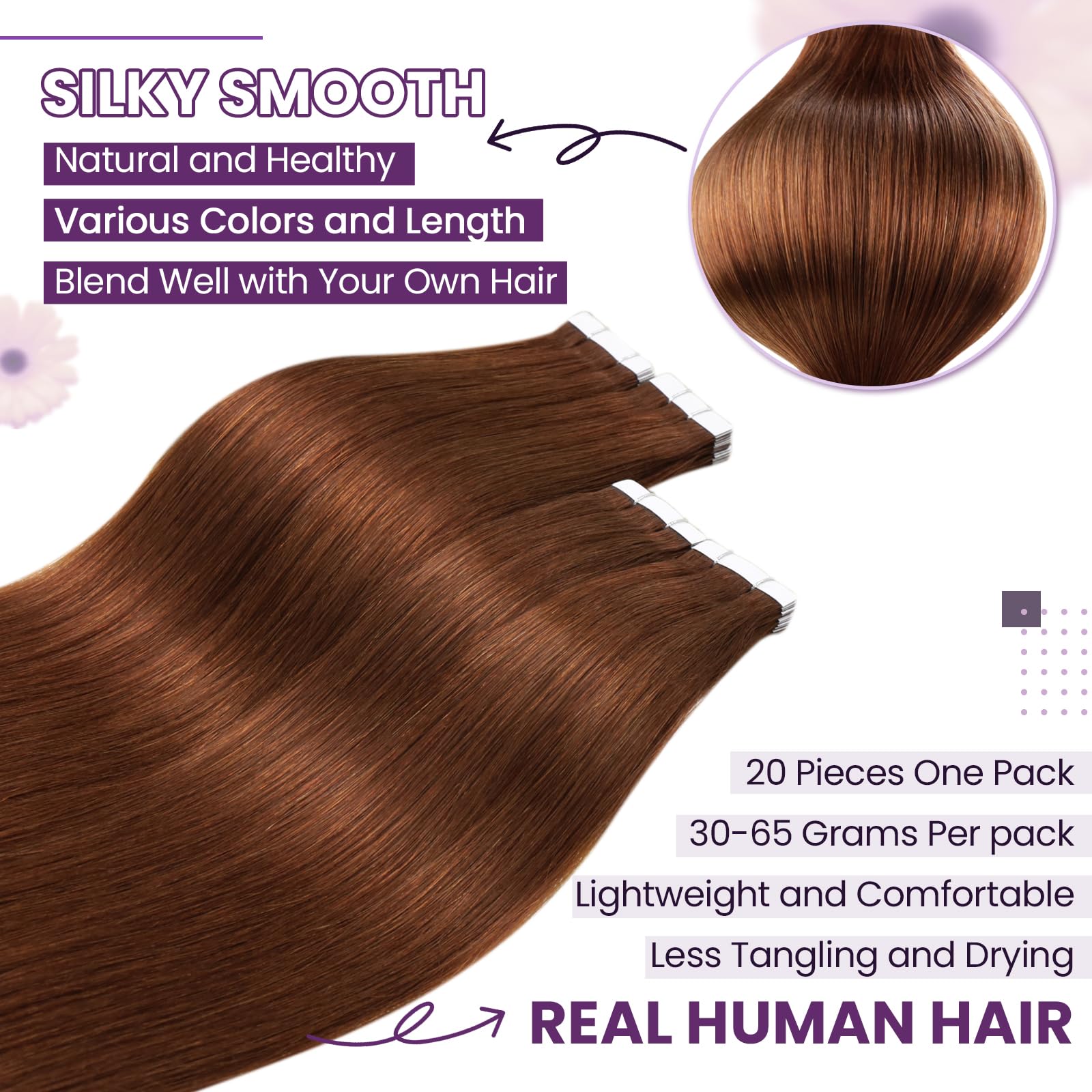 LaaVoo Tape in Hair Extensions Human Hair 50g Tape Hair Extensions Real Human Hair Invisible Tapes Remy Straight Red Brown Hair Double Sided Tabs 20pcs 14 Inch #33 - Image 2