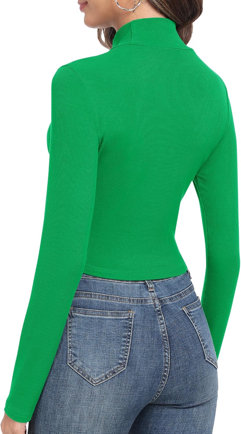 Artfish Women's Basic Mock Neck Slim Fitted Workout Rib Knit Long Sleeve Crop Top - Image 2