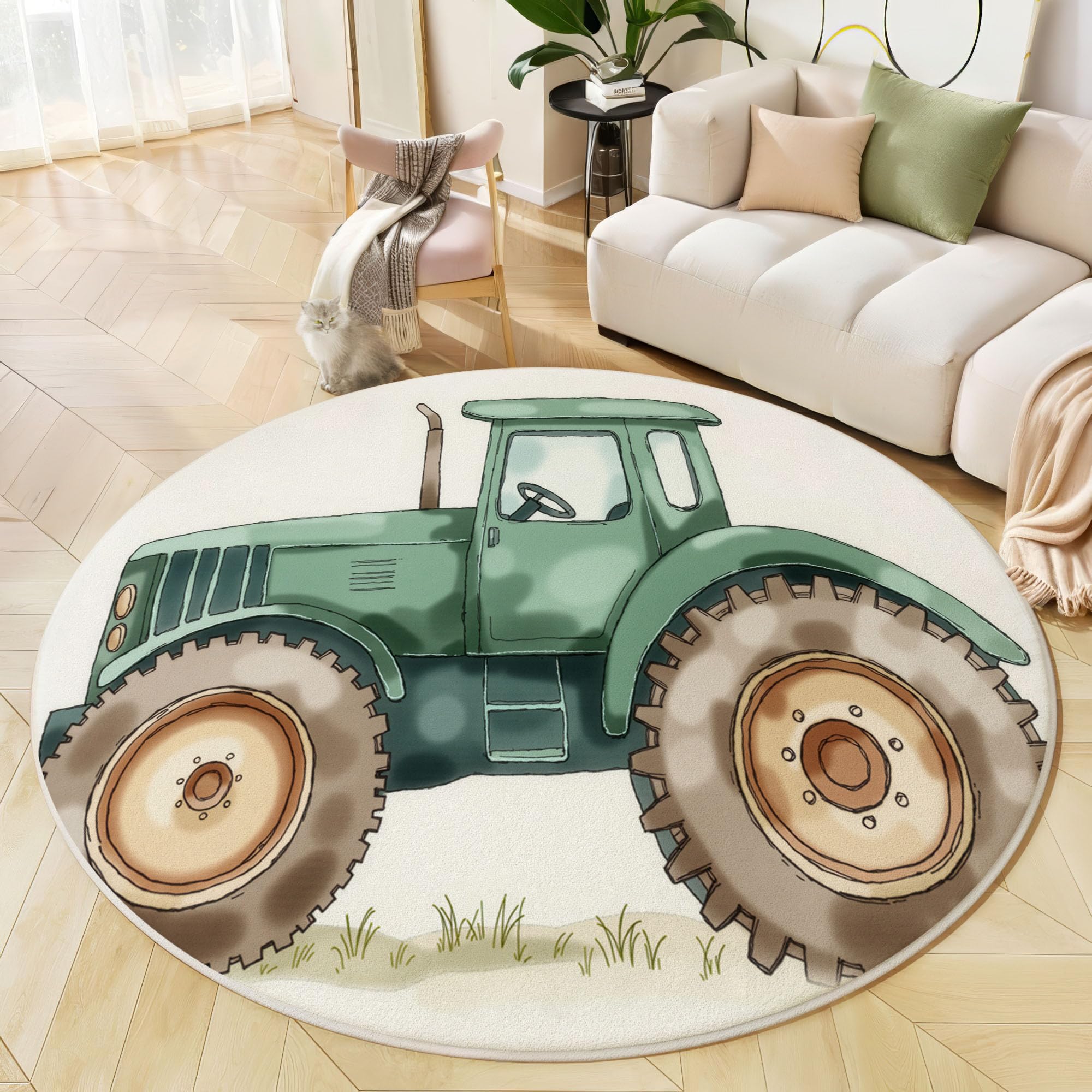 Waschbarer Teppich Rund Grün 100cm,Cartoon Traktor Teppiche Schlafzimmer - Kurzflor Aquarell Pastoral Runder Teppich Mit Rutschfester Unterseite Für Wohnzimmer Küche Kinderzimmer