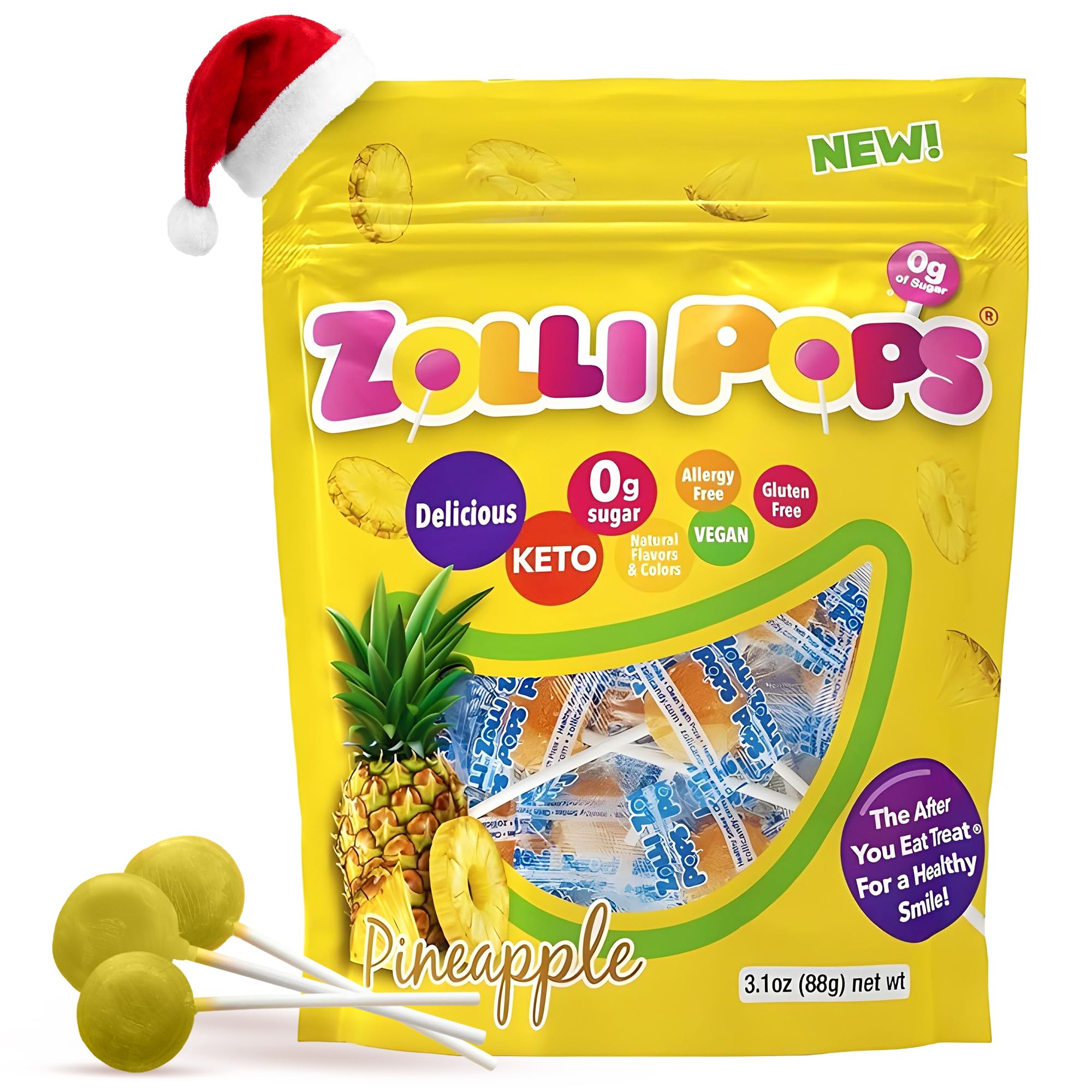 Zollipops Clean Teeth Pops Sugar Free Candy with Xylitol, Dye-Free Lollipops - Keto & Diabetic-Friendly, Dentist-Approved Treats for Kids (Pineapple, 3.1 oz)