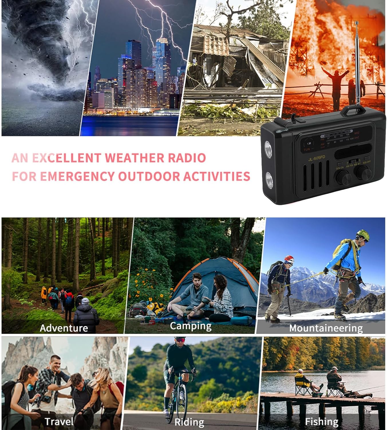 GOWENIC Solar Emergency Radio, Portable Hand Crank NOAA AM FM Weather Radio with Speaker, LED Flashlight, Reading Light, USB Phone Charger, for Camping, Outdoor (Black)
