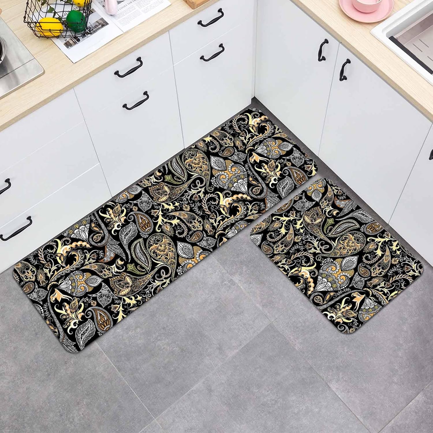 Prime Leader Abstract Flowers Kitchen Mat Set 2 Pieces Retro Paisley Floral Pattern Black Yellow Non Slip Kitchen Rugs Washable Runner Rug Mats for Sink Laundry (19.7" x 31.5"+19.7" x 63")