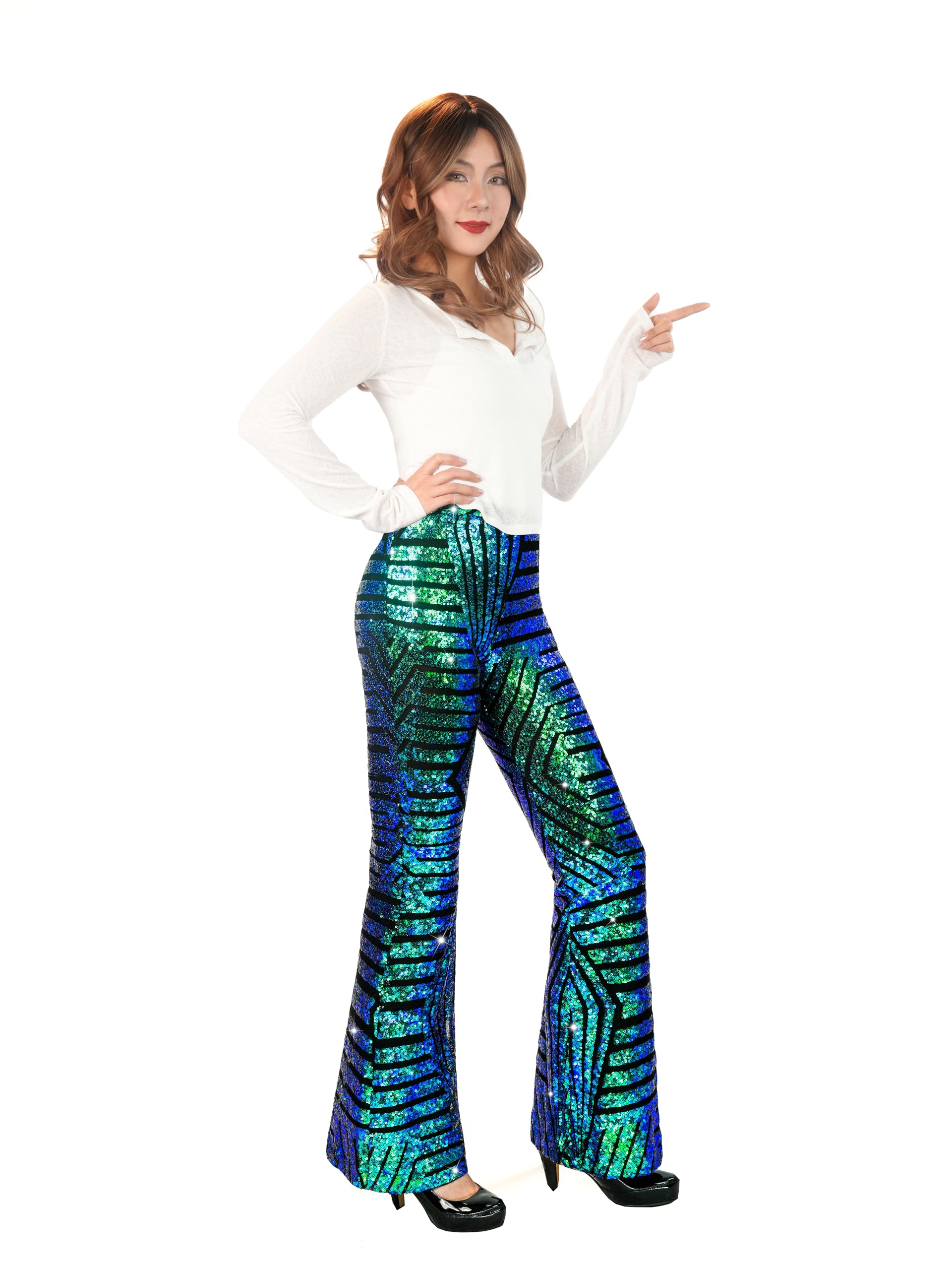 Nawgut Pantalones acampanados de lentejuelas con purpurina brillante de cintura alta, pantalones acampanados para fiesta de discoteca, ropa de club para mujer