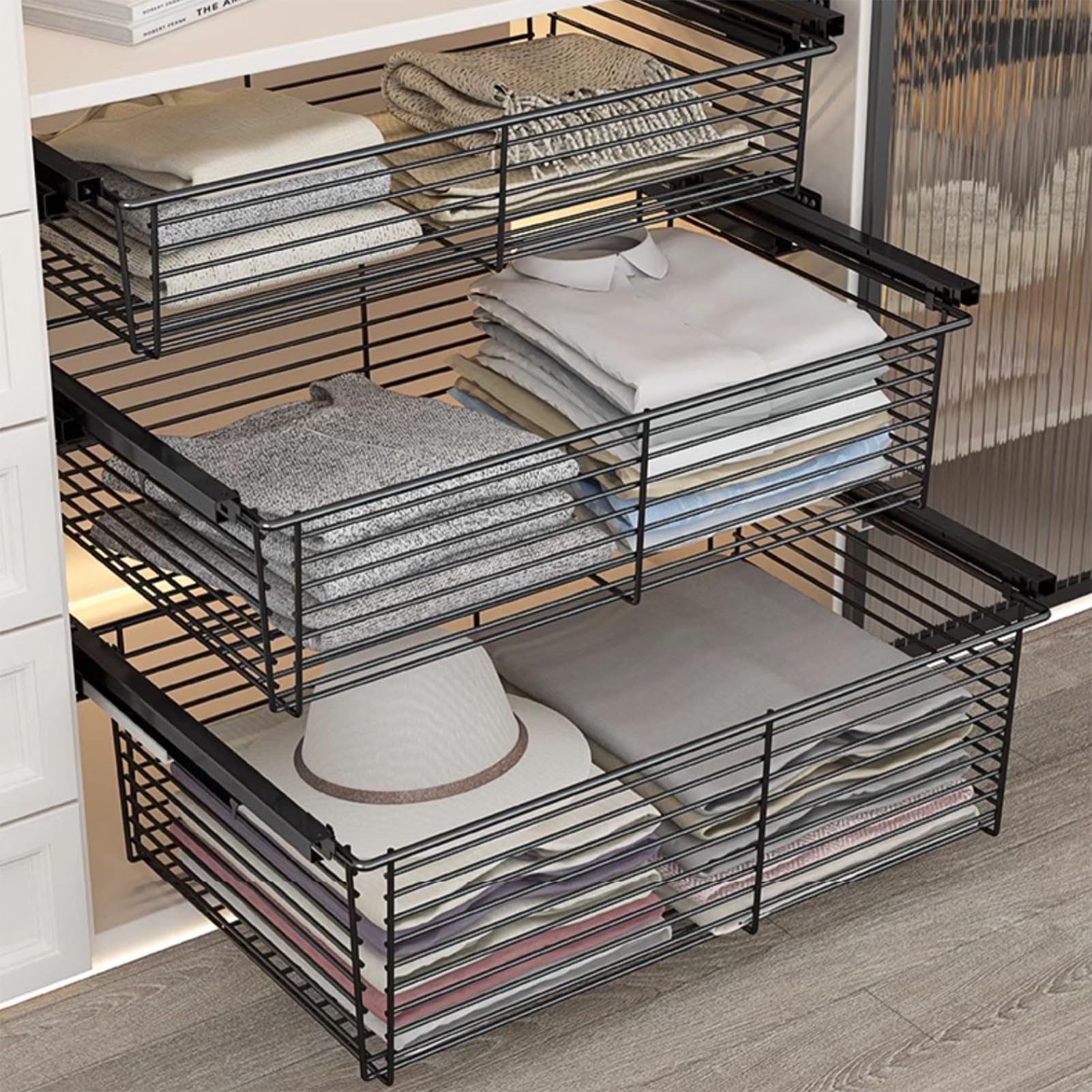 Organiseur de placard coulissant, étagères coulissantes, panier en métal, largeur réglable de 370 à 970 mm, supporte jusqu'à 35 kg de charge