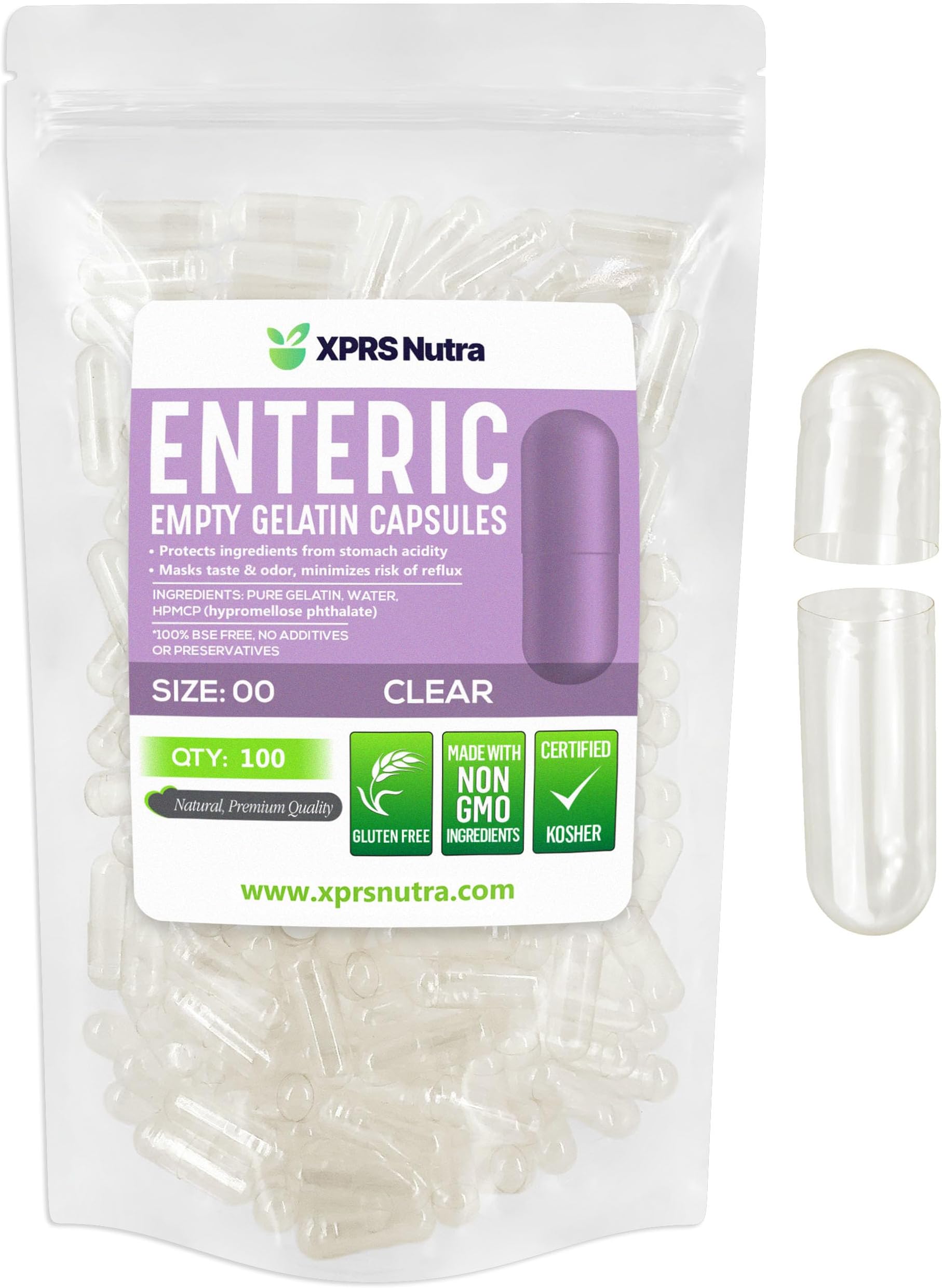 Size 00 Empty Capsules - 100 Count Clear Enteric Coated Empty Gelatin Capsules - Delayed Release Pills - DIY Capsule Filling - Pure Bovine Empty Enteric Gel Caps