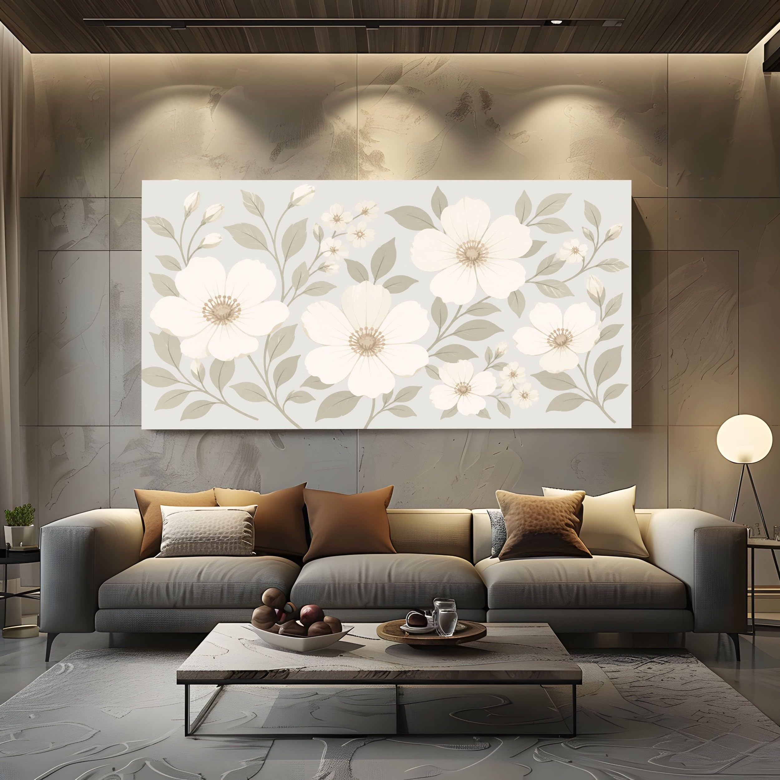 Quadro Moderno Soggiorno Foglie Botaniche Neutre Con Cornice 60X120 Cm