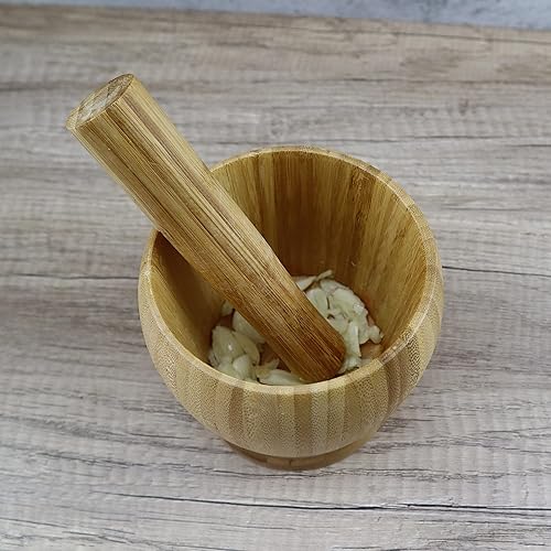 Miniatura 7 de EIKS Mortero de bambú y maja con tapa para moler ajo especias hierba jengibre granos de pimienta herramienta de cocina