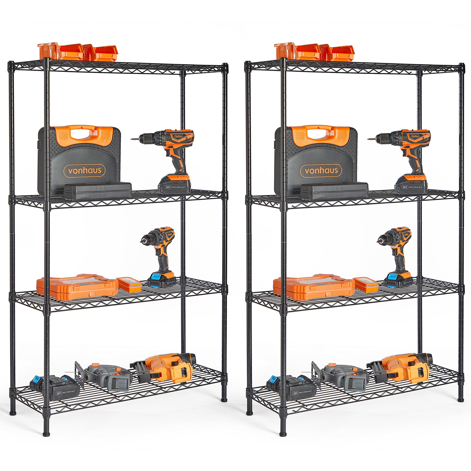 VonHaus Garage Shelving Units Set of 2 Adjustable 4-Tier Wire Shelving Unit for Storage - Powder Coated Garage Racking, Suitable in Pantry, Greenhouse and more- Metal Wire Storage Racking for Home