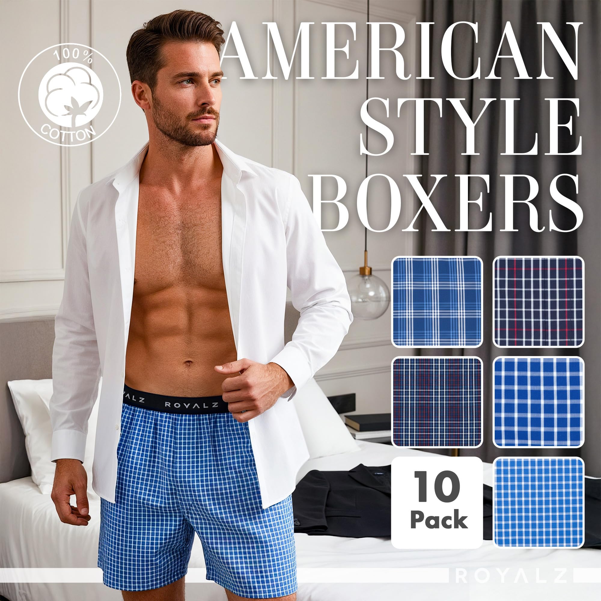 ROYALZ Boxershorts American für Herren 10er Pack Männer Jungen Unterhosen Kariert Blau klassisch 10 Set Unterwäsche
