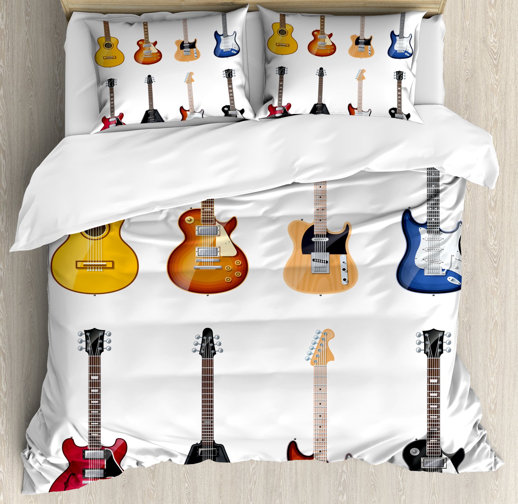 Ambesonne Guitar Duvet Cover Set, Wide Variety of String Instruments Realistic Musical Pattern Jazz Bluescoustic, Decorative 3 Piece Bedding Set with