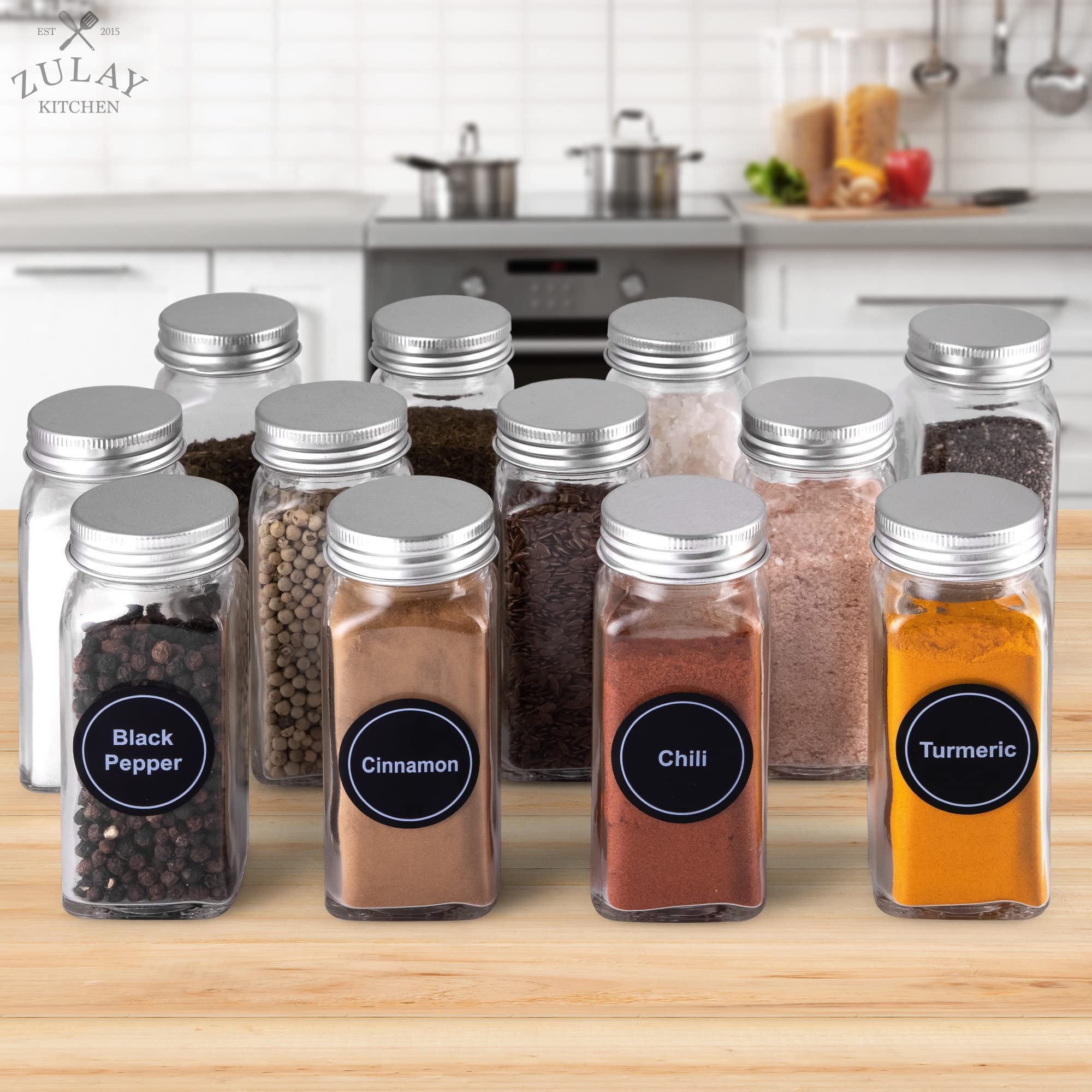 Zulay Kitchen 12 Pcs Glass Spice Jars with Labels and Shaker Lids 4