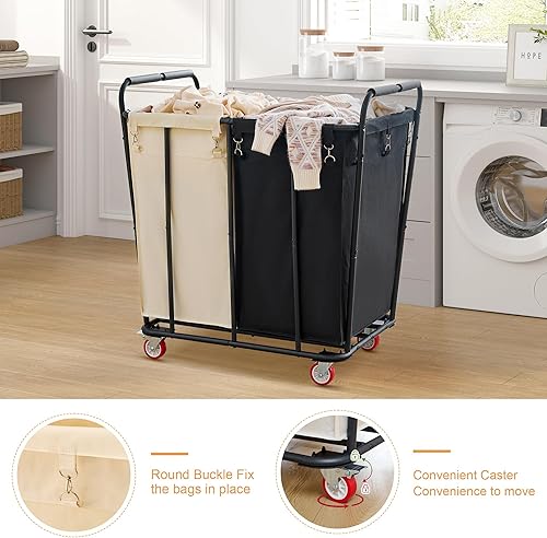 Miniatura 3 de Hoctieon Carrito clasificador de lavandería de 2 secciones, cesta de lavandería rodante con ruedas, organizador de cesta de lavandería resistente,