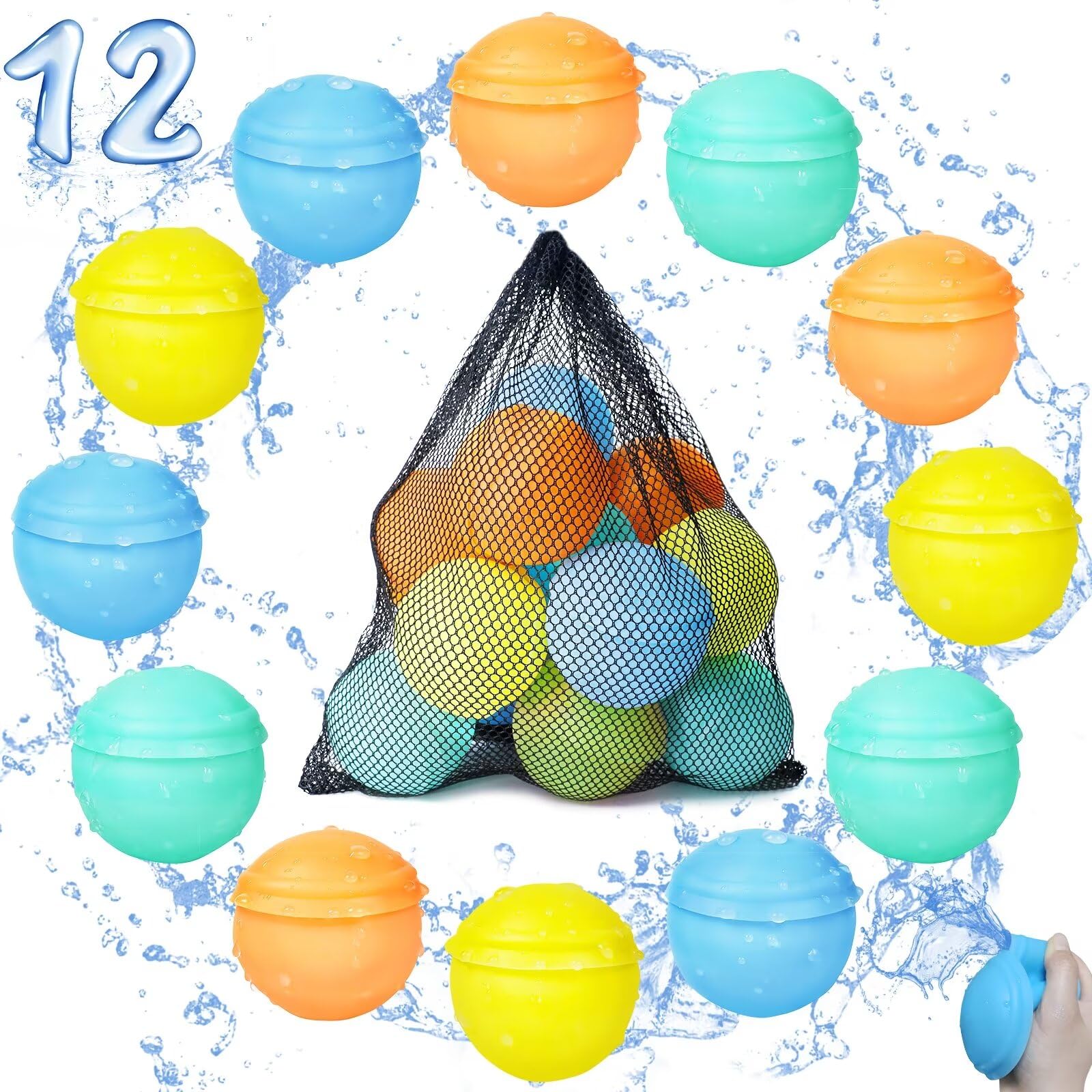 【12 Pack】Reusable Water Balloons for Kids — Deluxe Pack, Reuse over 2000+ Times, Fast Refillable Water Bombs Splash Balls with Mesh Bag, Summer Pool Beach Water Toys, Enjoy Your Water Balloon Battles