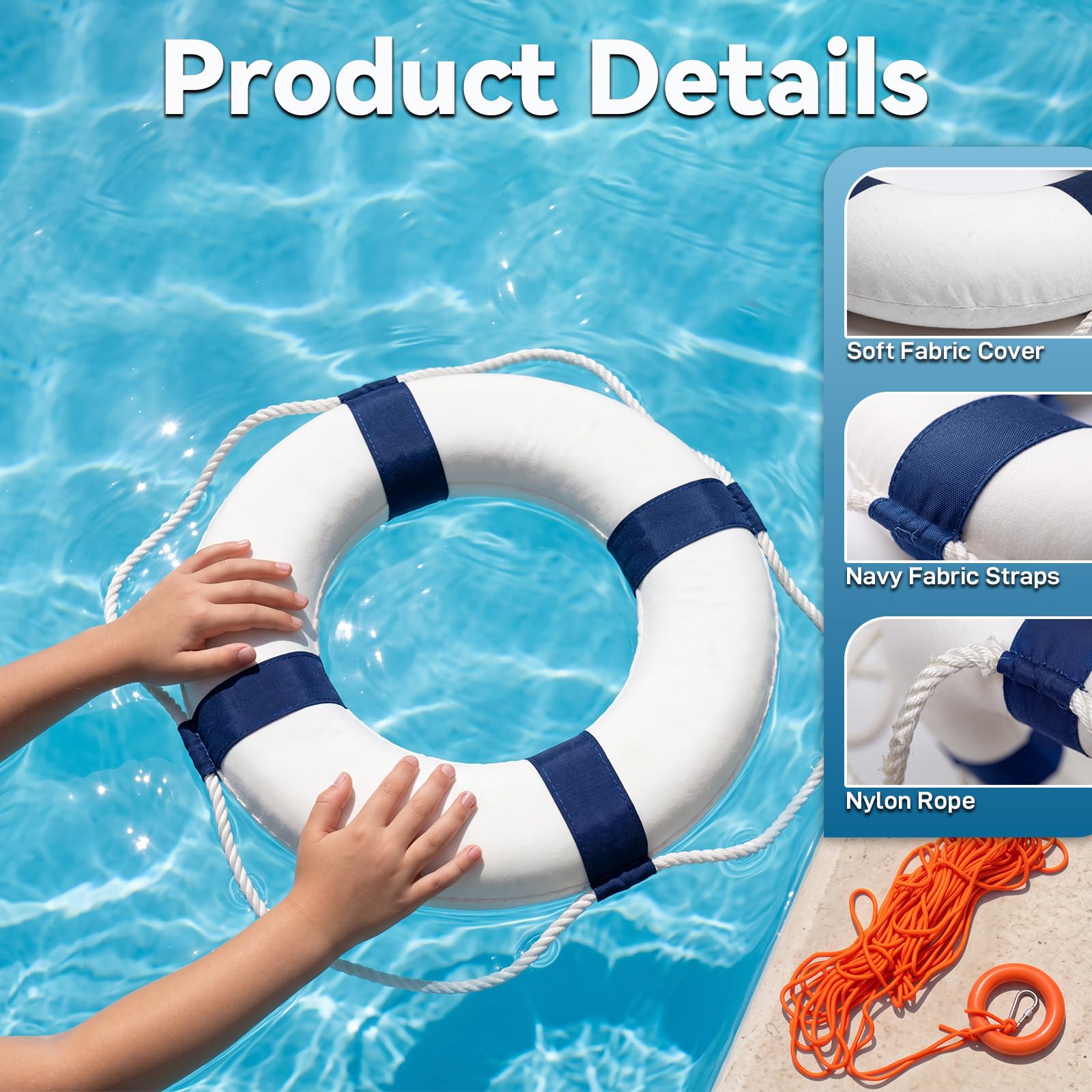 Rettungsring mit schwimmendem Rettungsseil, 58,4 - 71,1 cm, mit 30 m schwimmendem Rettungsseil, Wurfgerät, Rettungsring-Set, Pool-Sicherheits-Schwimmer, für Boje und Schwimmdekoration