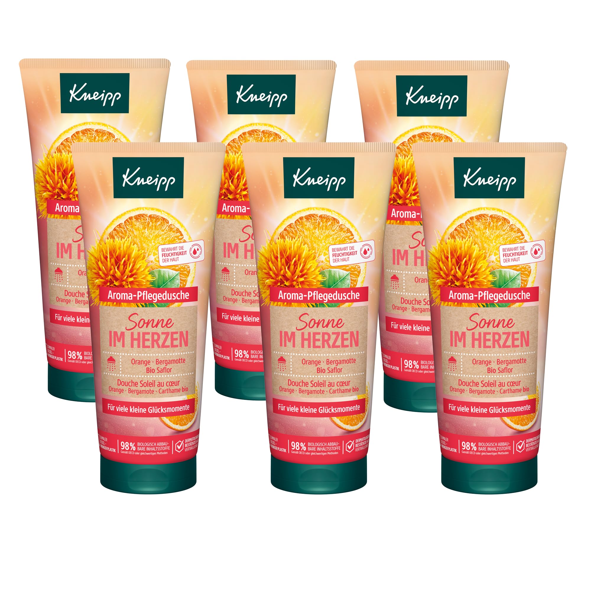 Kneipp Aroma-Pflegedusche Sonne im Herzen - Multipack - Duschgel mit Orange, Bergamotte & Bio Saflor - Rezeptur ohne Mikroplastik - 6 x 200ml