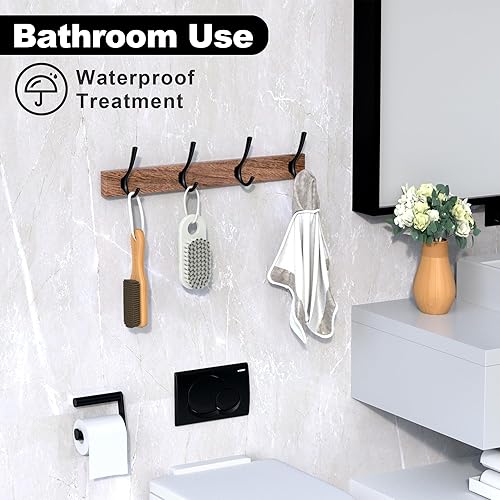 Miniatura 5 de Perchero de madera de nogal de 17 pulgadas con 4 ganchos dobles negros, ganchos de entrada montados con adhesivo, modernas clavijas de madera