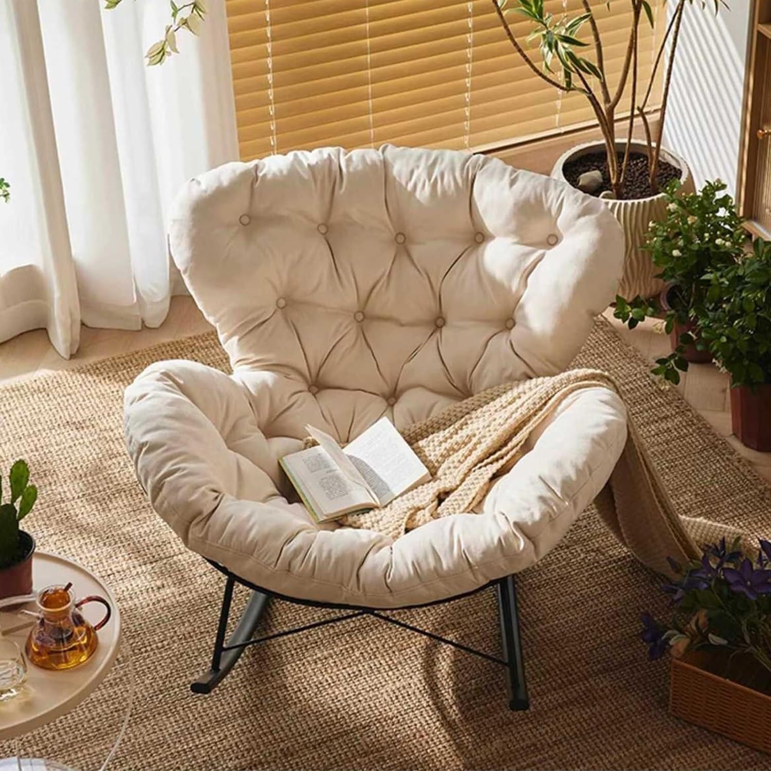 Rocking Outdoor Lounger Chair Chaise Lounge Zero Gravity Rocker,Modern Upholstered Rocking Chair & Footstool Set, High Backrest Comfy Lounge Chair for Living Room, Bedroom, Patio & Backyard,