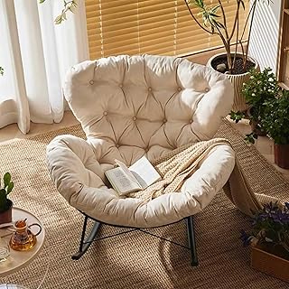 Juego de mecedora de ocio con reposapiés, silla mecedora tapizada moderna con respaldo alto y cómoda silla lateral para patio, patio, habitación, color blanco cremoso