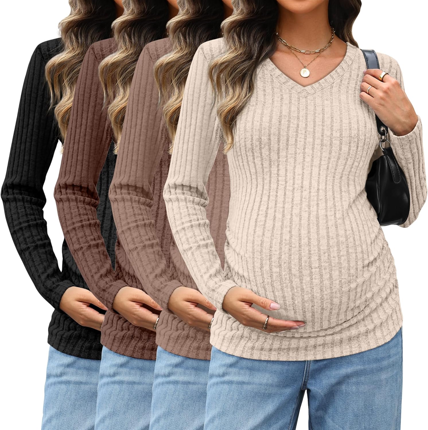 Sweetyweee 4 Pack Maternity Shirts V Neck Long Sleeve Pregnancy Clothes Ribbed Fit Women's Sweaters Winter Mama's Thermal Top