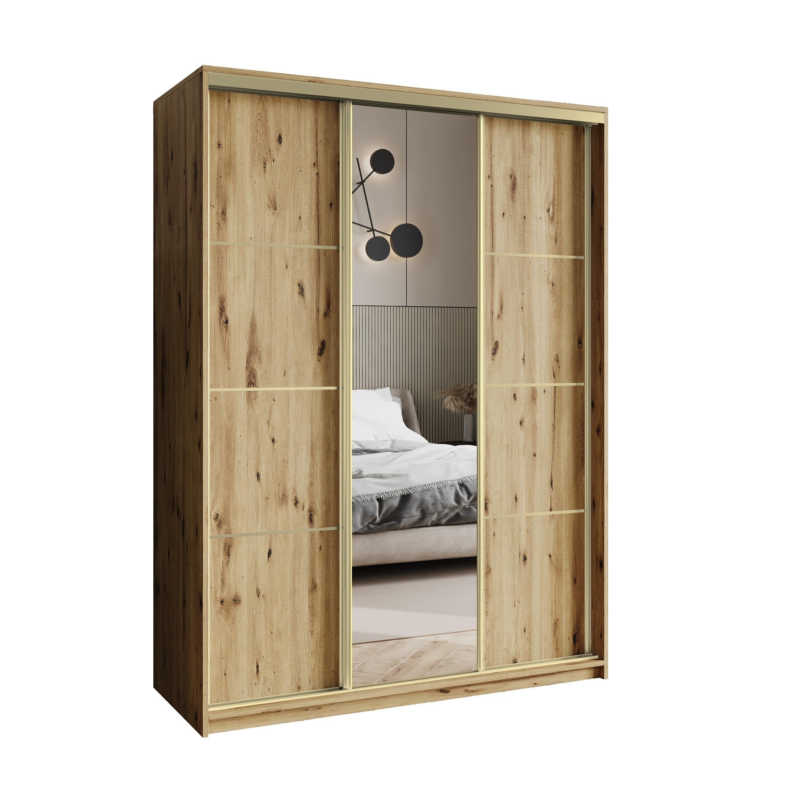 Masseno Schwebetürenschrank VARO 150/205/60 cm Kleiderschrank mit Schubladen Schlafzimmer Schiebetürenschrank 3-türig mit Spiegel Eiche Artisan + Gold