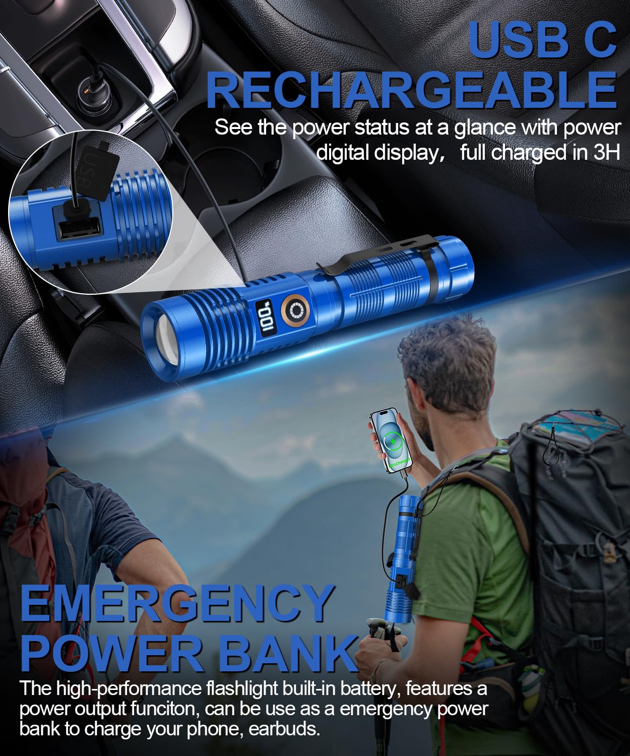 Linterna recargable de alto lúmenes, 12000 lm, luz magnética superbrillante con pantalla digital de potencia, alcance de 3280 pies, regulable, impermeable, linternas LED de bolsillo para camping de