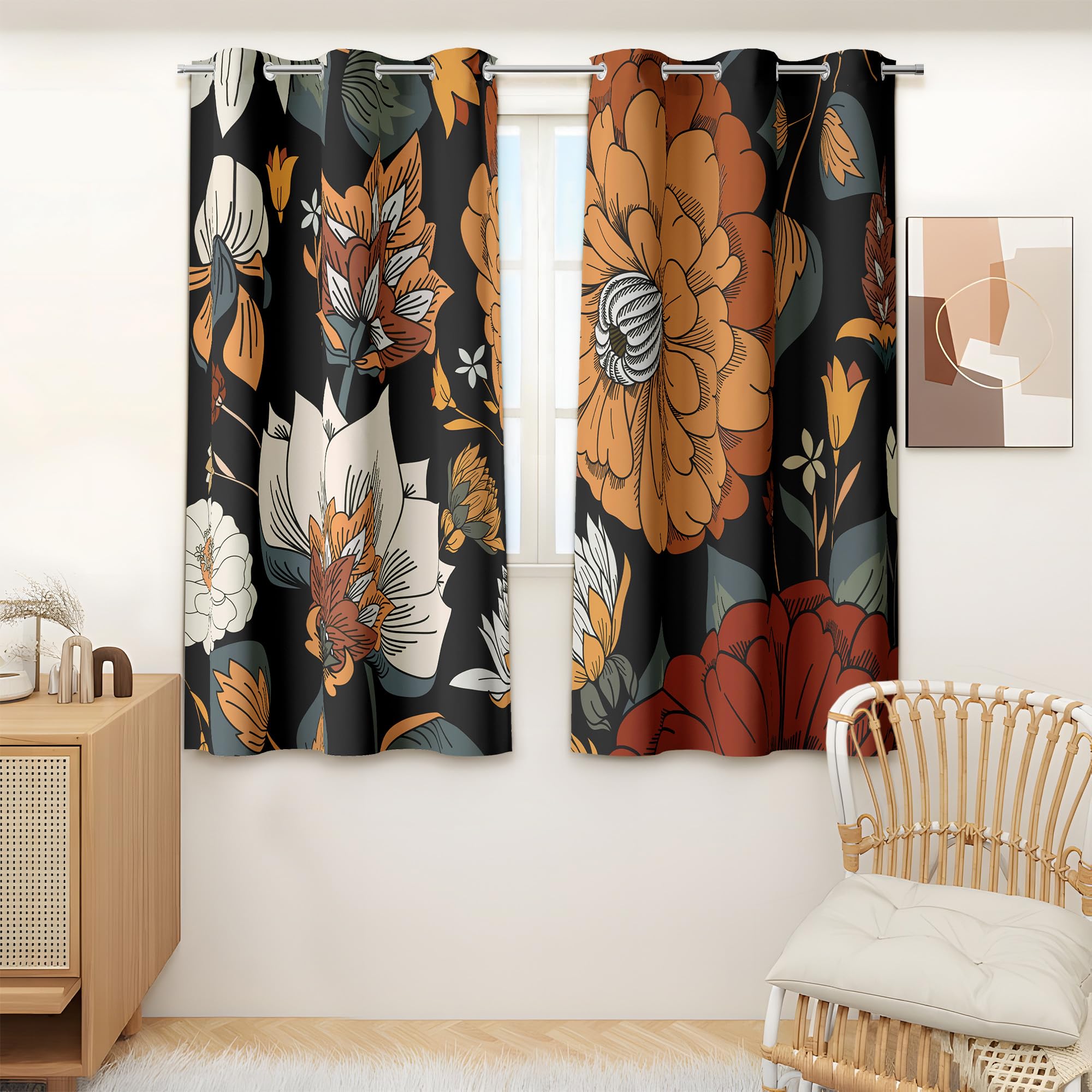 Tyrot Black Boho Floral Grommet Blackout Curtains, 52W x 45L, 2 Panels