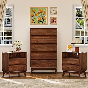 3-Piece Farmhouse Bedroom Storage Set, 5-Drawer Chest & Nightstands Set of 2 with Charging Station, Handle-Less Design, Rounded Corners, Anti-Tip Safety Furniture,Walnut