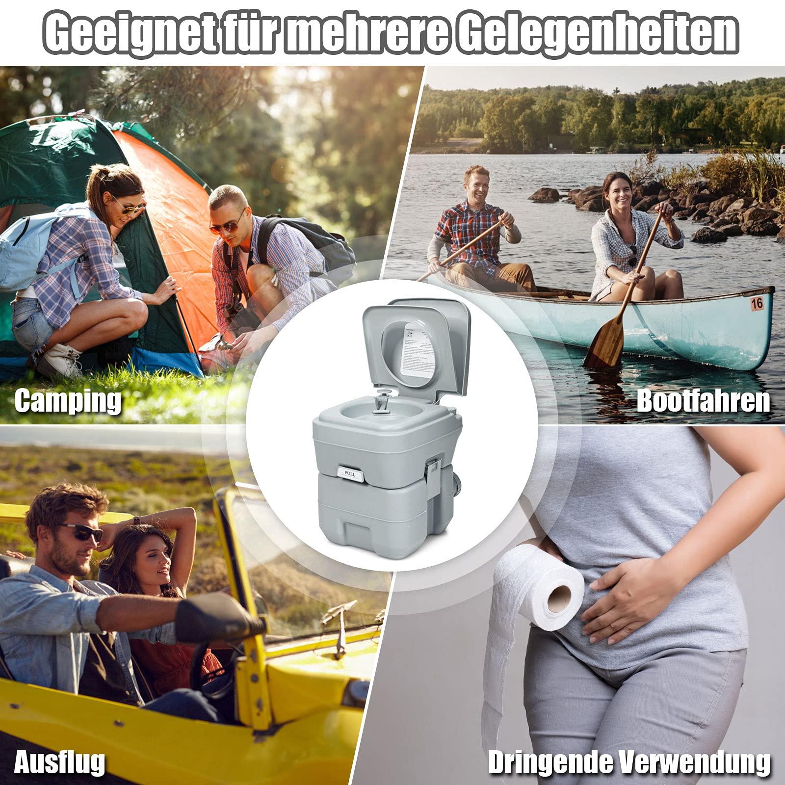 COSTWAY 20 l + 12 l toaleta kempingowa ze zdejmowanym zbiornikiem na ścieki, przenośna toaleta podróżna, na kemping i do przyczepy kempingowej, kolor szary