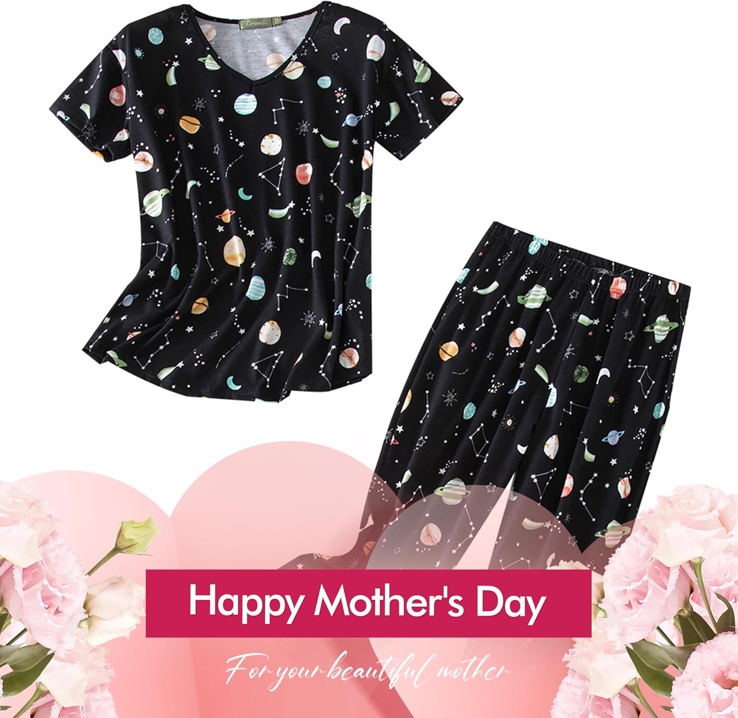 Inadays Womens Cotton Pajama Sets Short Sleeve Top With Capri Pants 2 piece sets for Women Summer Pajamas Lounge Set - Image 3