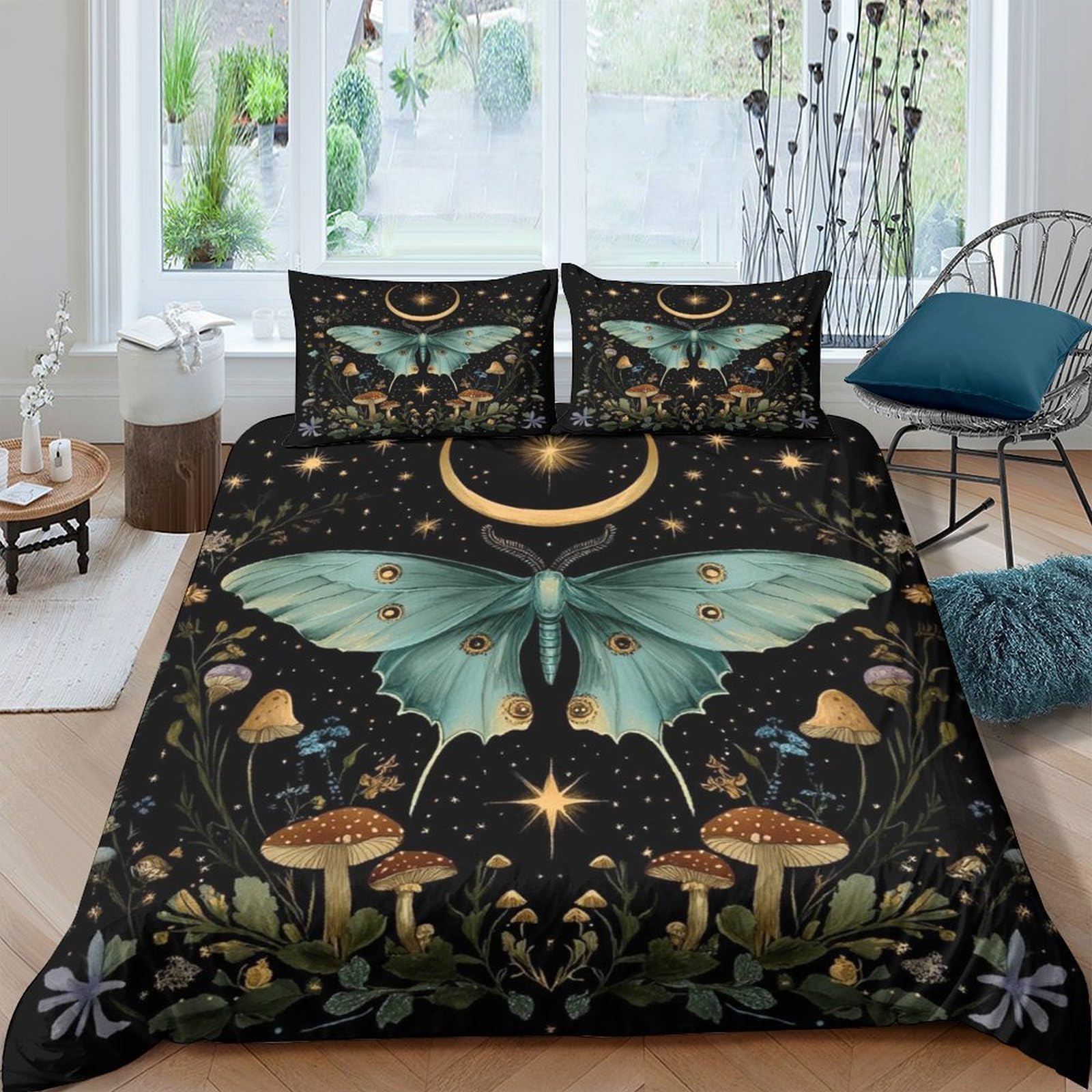 Ctjqhvkz Style-7 3D Printed Moth Moon Fitted Sheet Microfiber Soft Black Forest Mushroom Mattress Cover For Bedroom Dorm Décor Single（135X200cm）