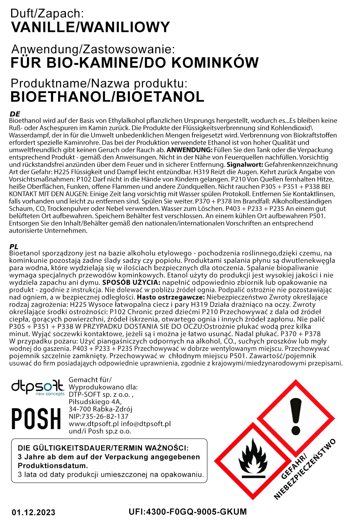 5 litrów bioetanolu Premium 100% do alkoholu do kominka (VANILLEDUFT, 5 l)