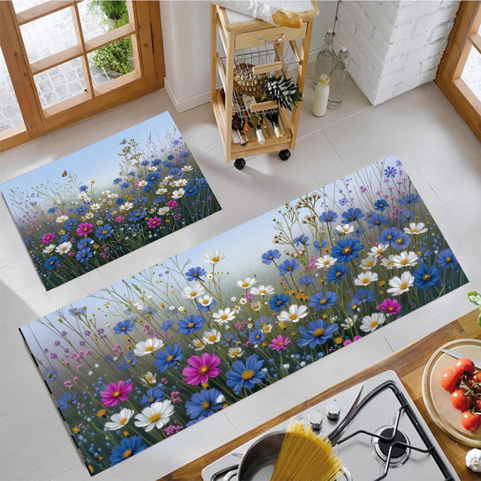 Alfombrillas de cocina de 50x80 y 50x120cm, juego de alfombras con estampado de mariposas azul