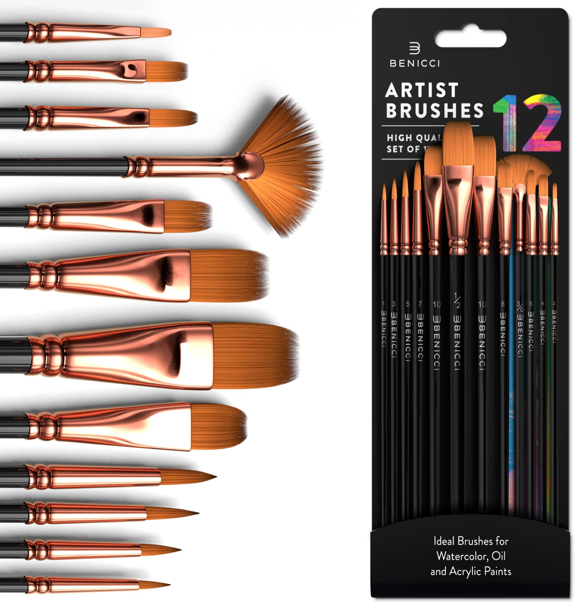 Benicci Nylon Professional Paint Brush Set Of 12 Artist Paintbrush Kit For Canvas,Gouache,&Fabric-Art Set For Kids&Adults-Supplies For Water,Oil&Acrylic Painting-For Professionals&Beginners,Synthetic