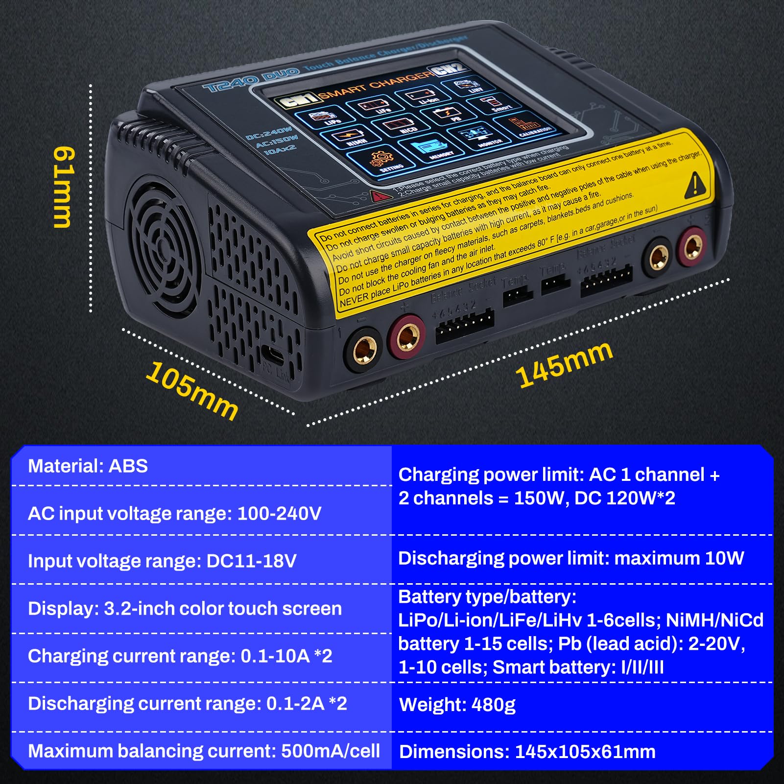 Cargador baterias Coche con equilibrador batería Cargador Dual CC/CA 11-18V 240W CA 100-240V 150W Detección Auto LiPo/Lilon/Life/NiMH/Ni/PB/NiMH Pantalla táctil LCD de 3,2 Pulgadas 10A (T240)