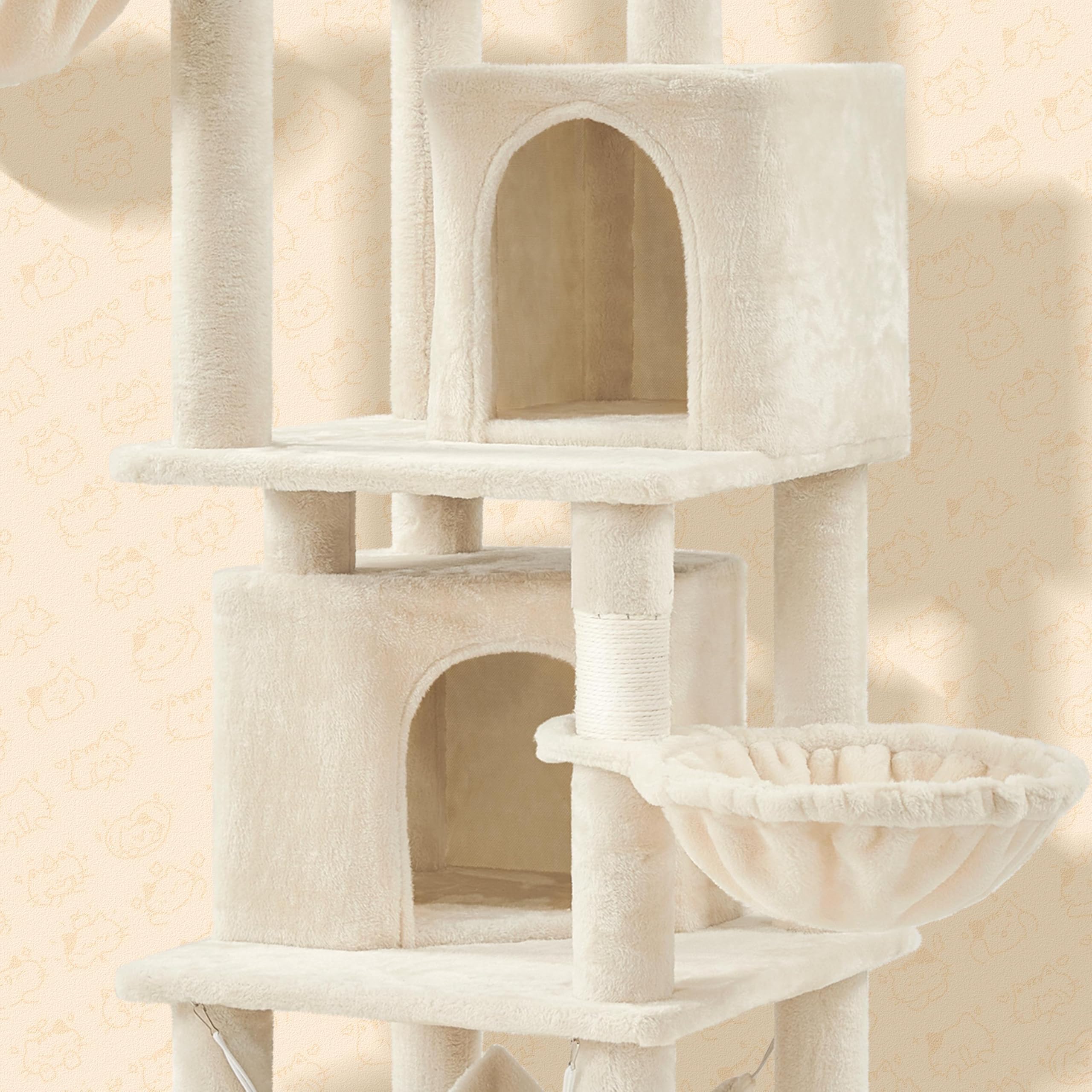 Abician Grand Arbre à Chat XXL 174.5cm, en Sisal, Tour pour Chats à Grimper avec 2 Cachettes/3 Plateformes/2 Paniers/Hamac, pour Chats Gros, Beige