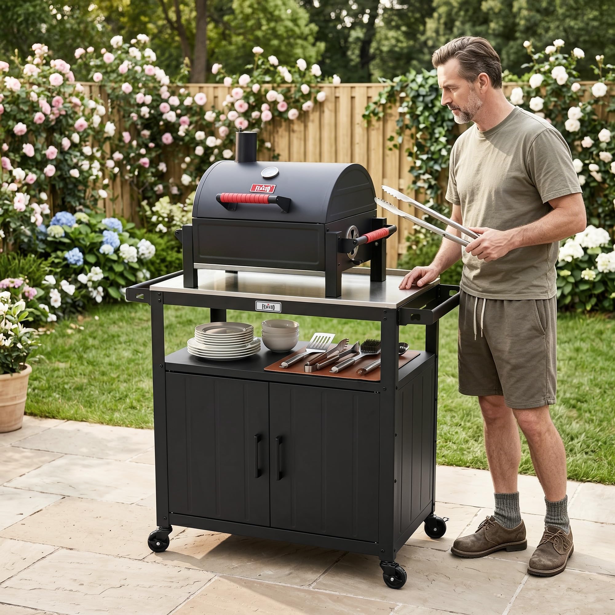 Feasto Chariot pour Barbecue avec Armoire de Rangement, 100x45x88 cm | Desserte Plancha avec Plateau en Acier Inox et 4 Roues, Idéal pour Jardin , Terrasse ou Cuisine Exterieure