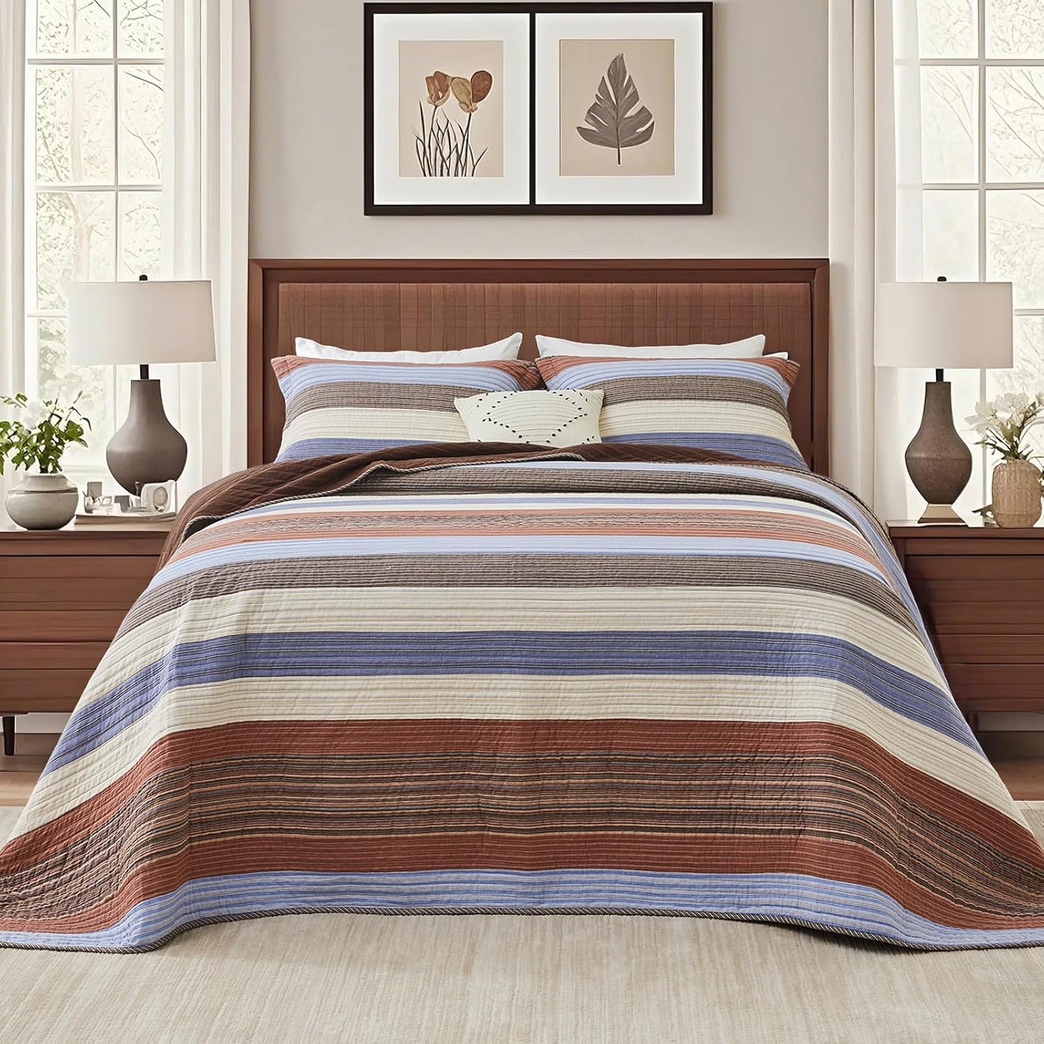 SahSahCasa 100% Cotton 120"x120" Oversized California King Bedspread Coverlet Quilt Set, Cal King Quilted Striped Bedspread Extra Large Reversible XL Bed Spread Lightweight Comforter, Brown