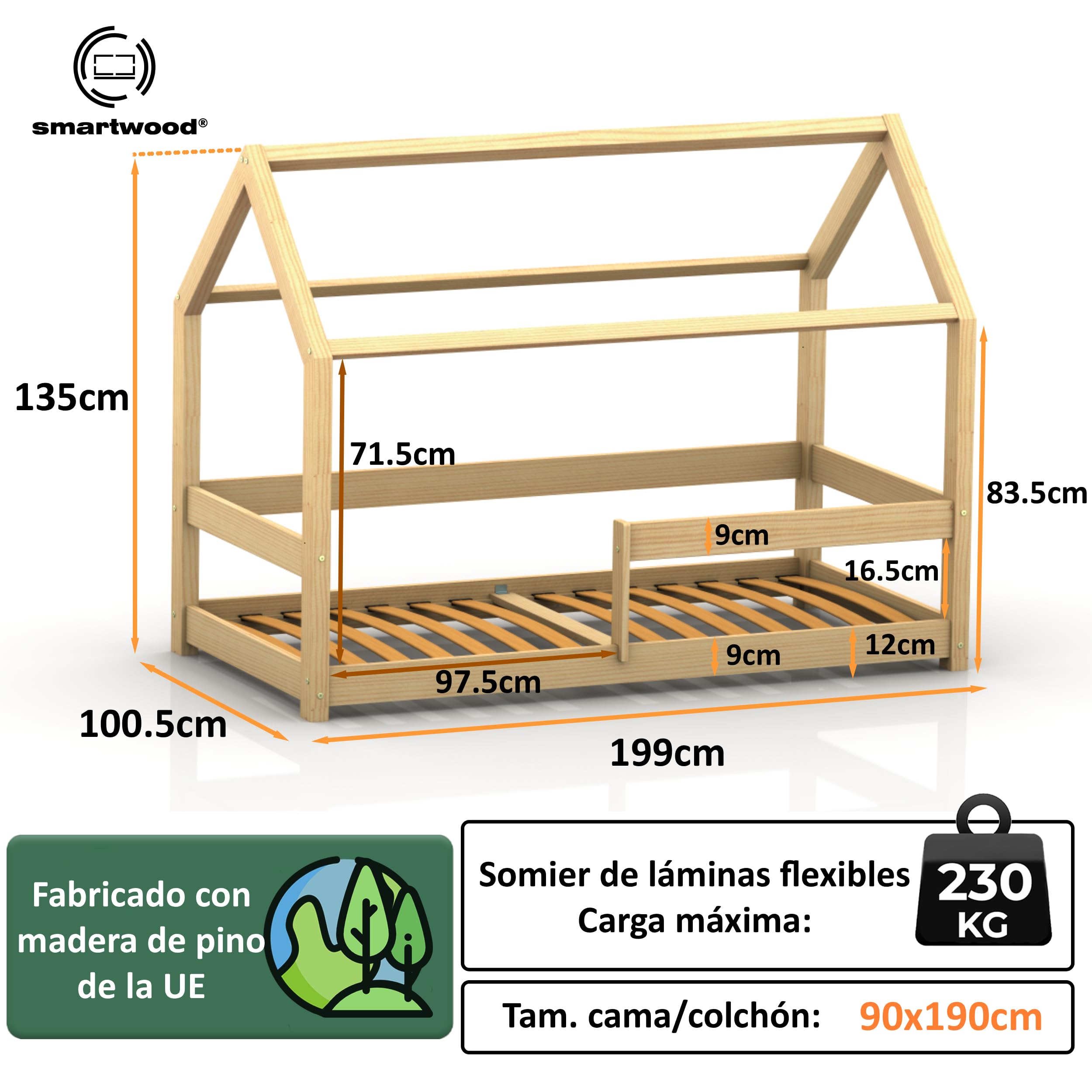 smartwood Cama Casita 90x190 cm de Madera Maciza - Cama Montessori con Barandilla y Somier hasta 230 kg - Diseño Escandinavo - para Niños y Niñas - Montaje Fácil - Milo