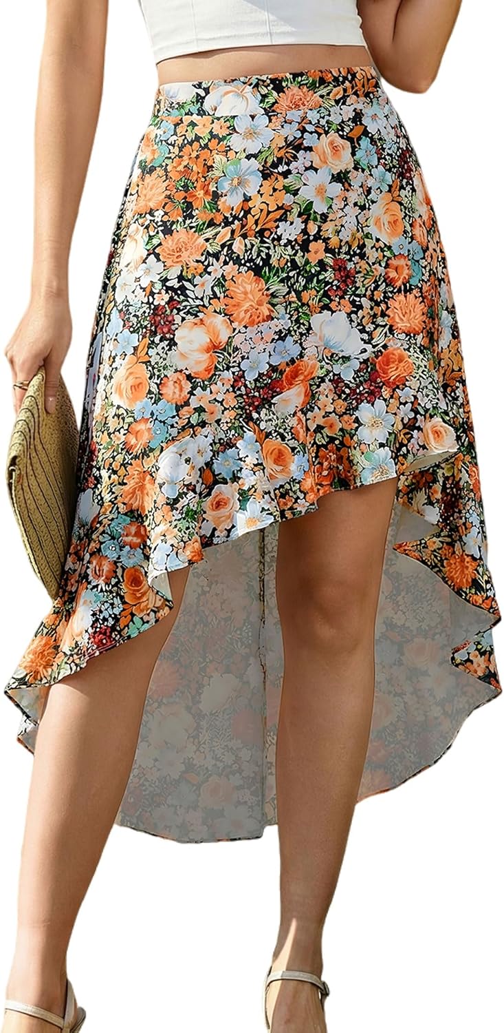 ANRILITA Long Skirts for Women Summer Trendy Flowy Elastic Waist Asymmetrical Ruffle High Low Maxi Skirt with Pockets