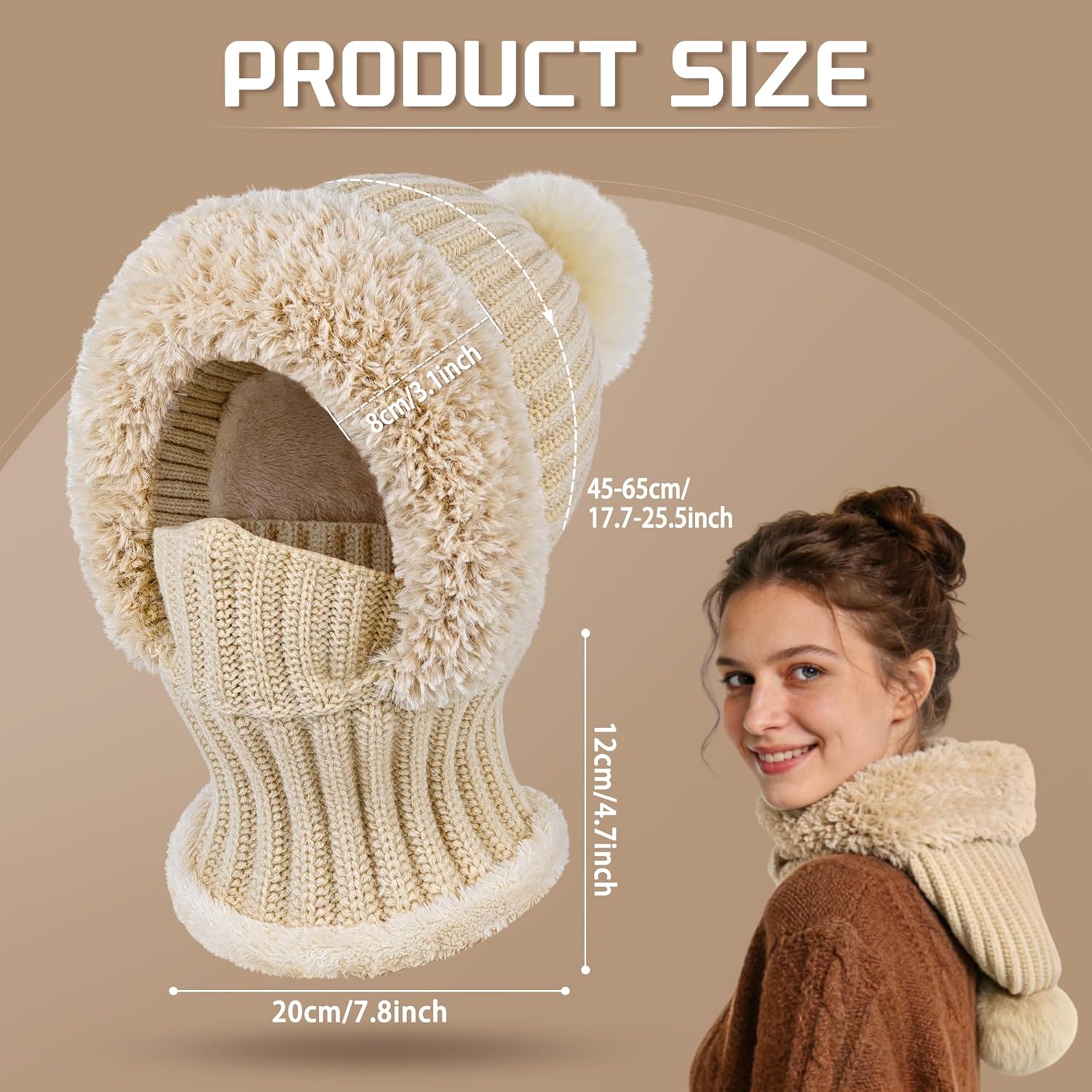 3 in 1 Beanie Hat for Women, Winter Knit Pom Hat Fleece Lined Scarf and Mask Set for Christmas Cold Weather Gifts - Image 2