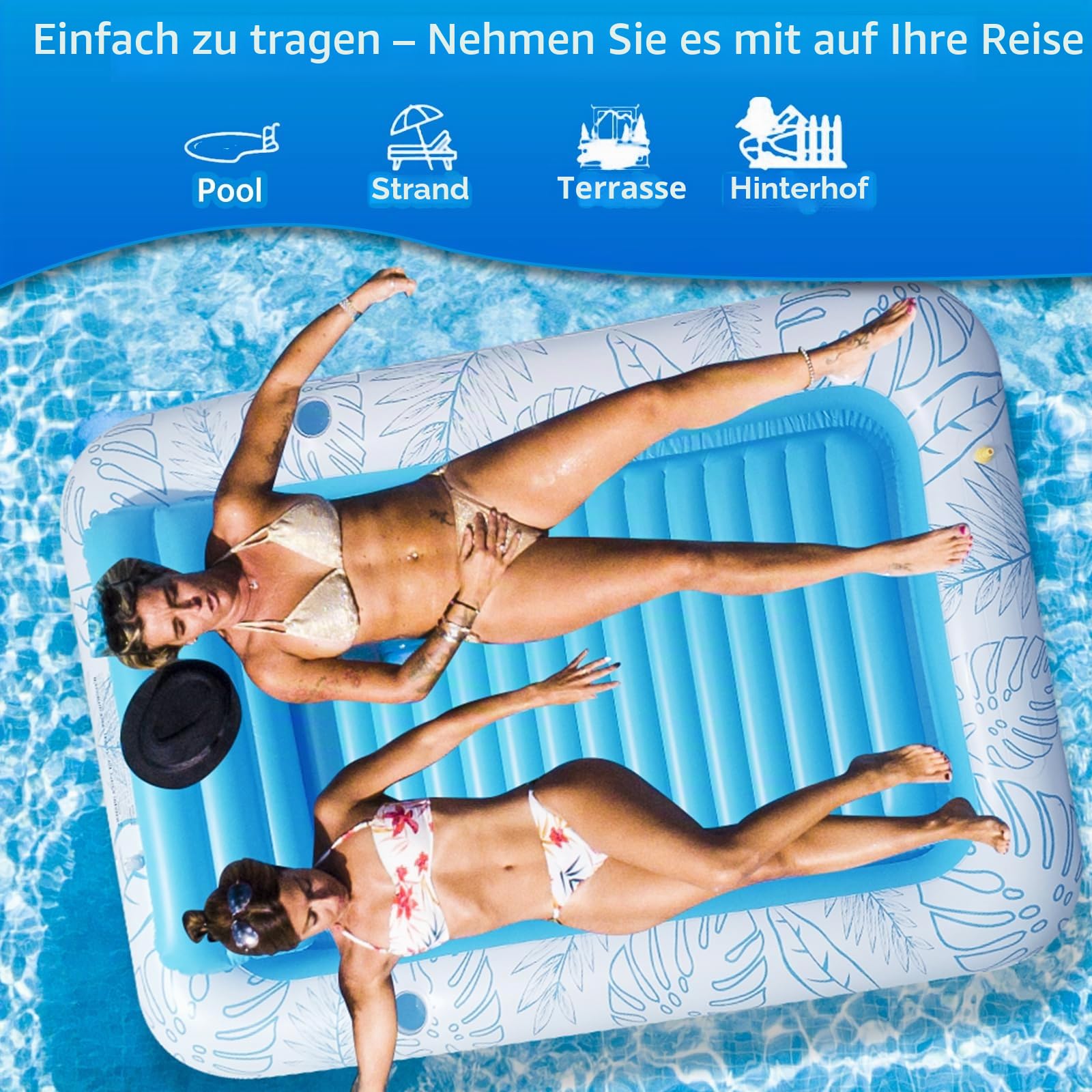 210.8 cm x 160.0 cm Extra Large Inflatable Tanning Pool Float Lounger with Sprinkler & Cup Holder, Adult Pool Floß for Backyard, Beach or Lake, Pink/Blue - Durable PVC, Supports 200 kg