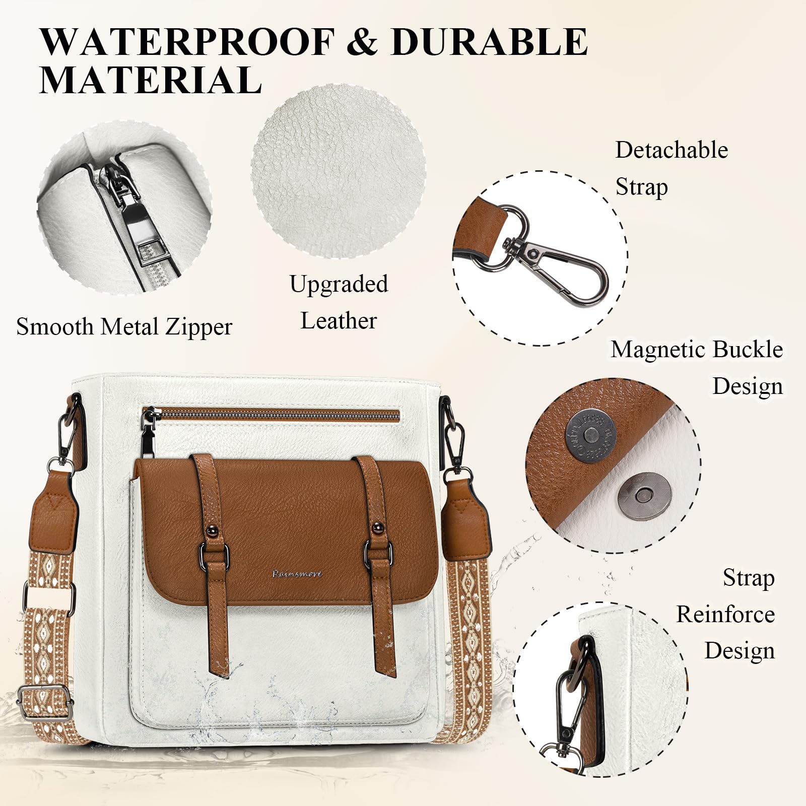 RAINSMORE Bolso Bandolera Mujer Mediano Bolsos de Mujer Bolsos Bandolera Bolso Cruzado de Cuero PU con Correa Ajustable para Viaje Trabajo Compras Blanco y Marrón
