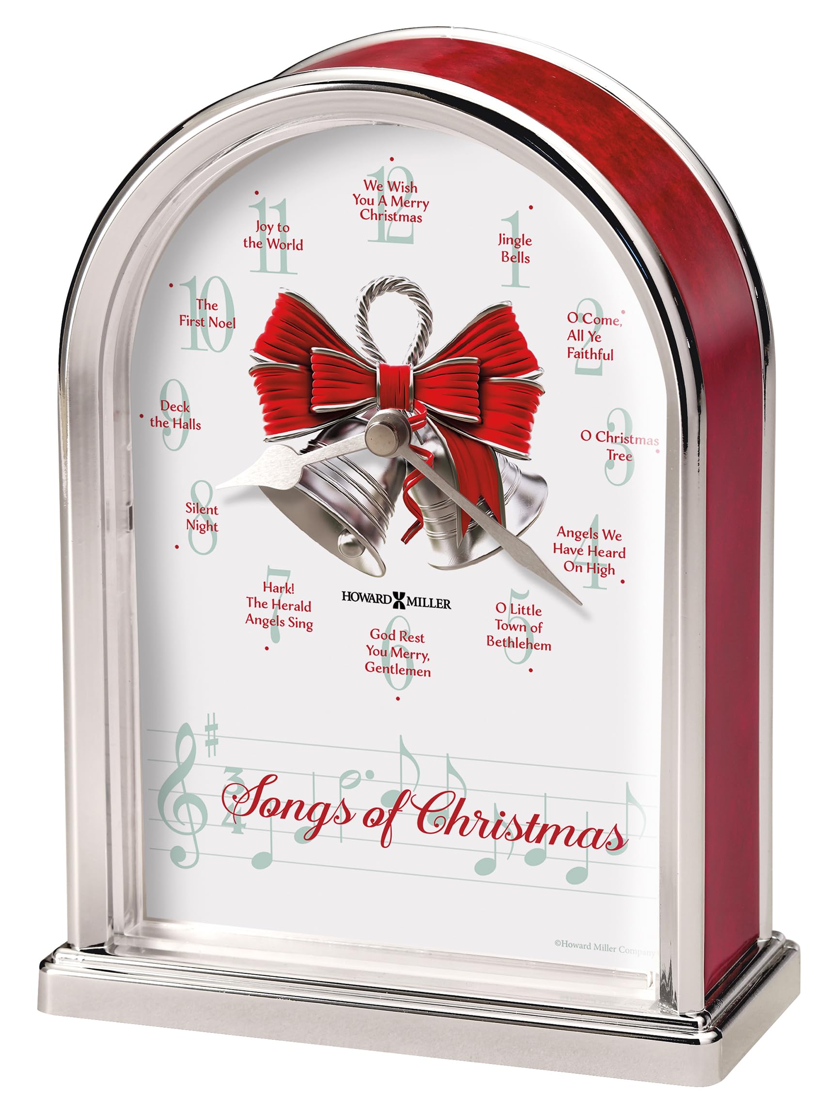Howard Miller Songs of Christmas Table Clock 645-820 – Silver Finished Arch, Red Marble Tone Sides, Decorative Silver Bells, Holiday Carol - Chimes, Quartz Movement